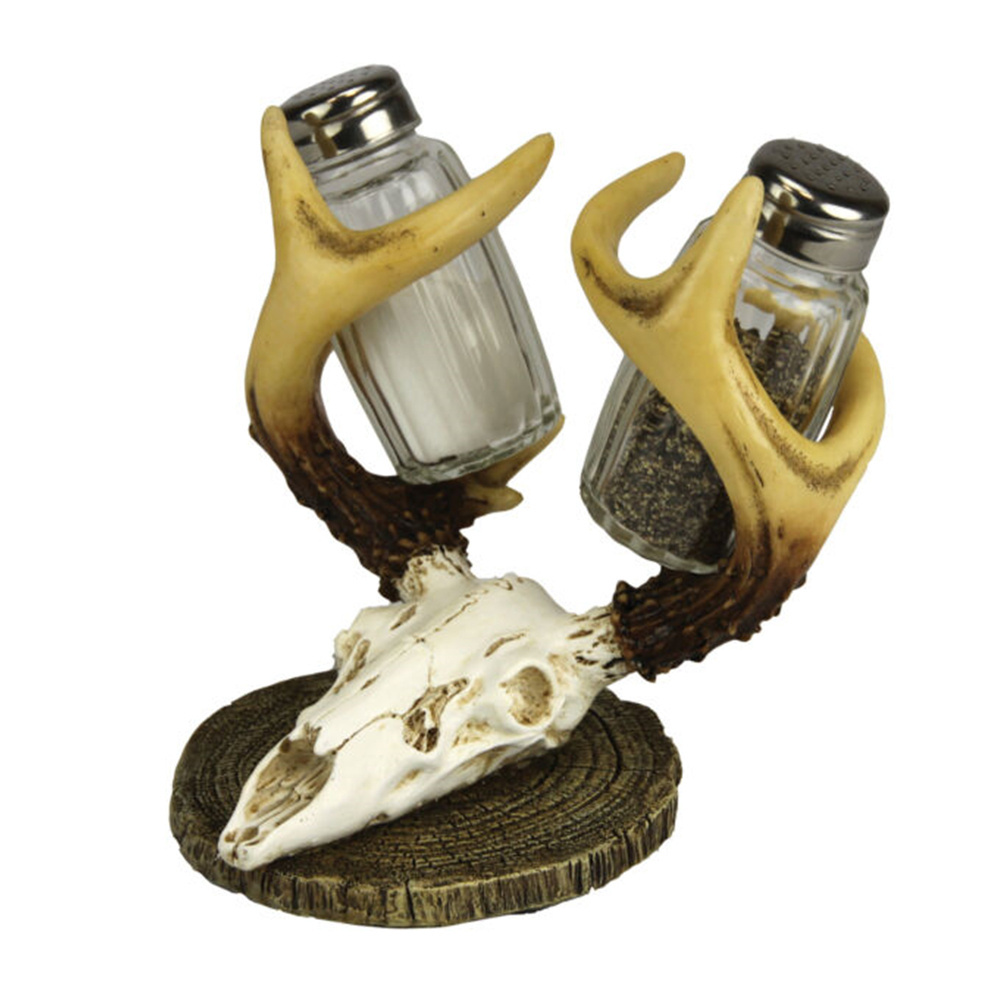 Wood Like Poly Resin Ram Head Skull Skeleton Salt Pepper Shakers Set Holder