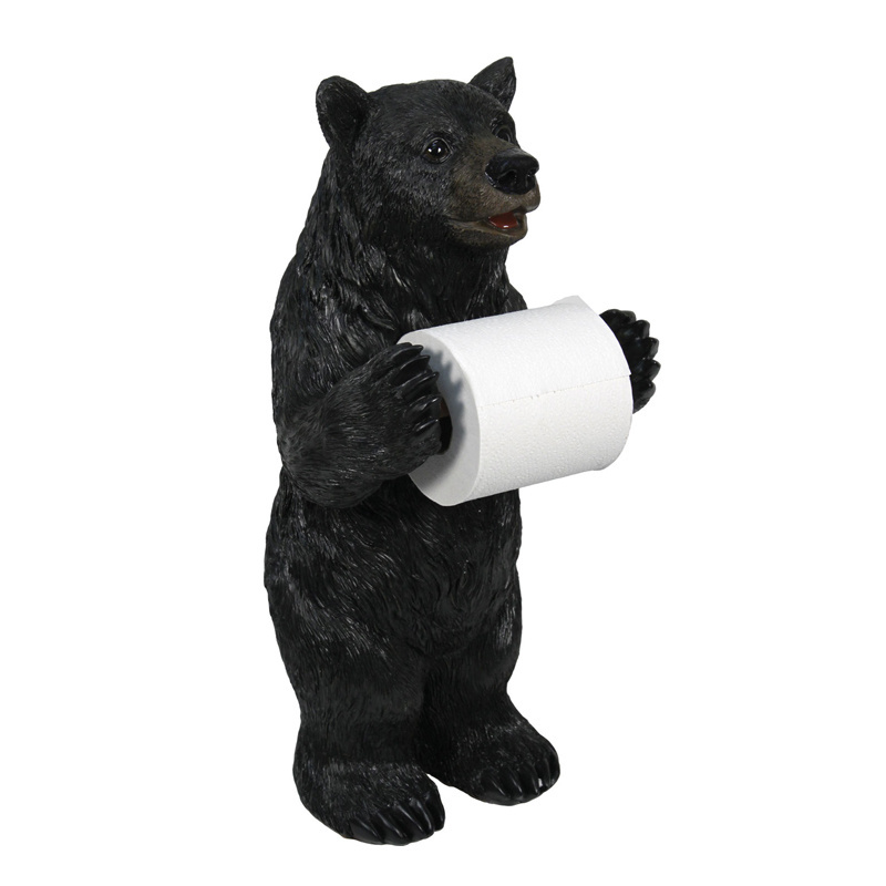 Hand paint Polyresin standing black bear toilet paper holder