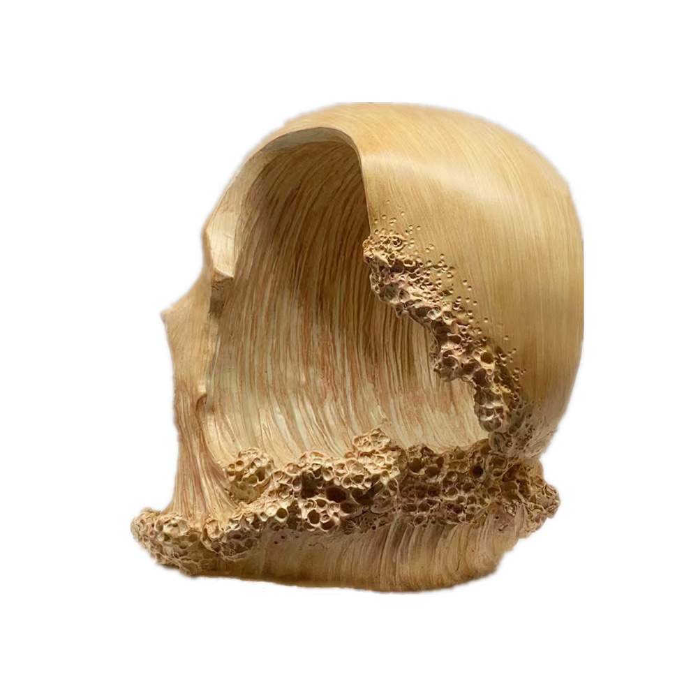 Resin peach wood carving Sea wave shape Skull head sculpture Resin skeleton Statue holiday gifts