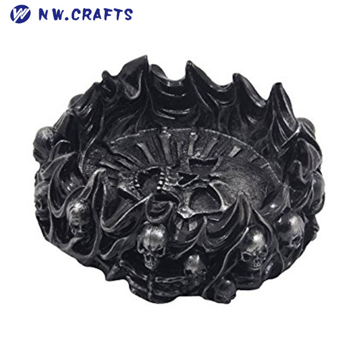 Decorative Skulls and Crossbones in Flames Ashtray for Spooky Skeleton Halloween Decorations or Medieval Art Figurines & Gothic