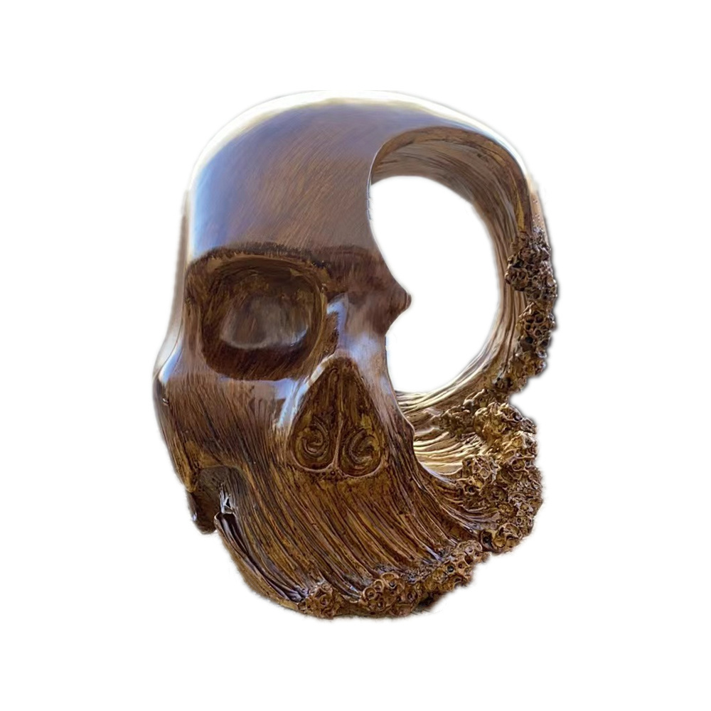 Resin peach wood carving Sea wave shape Skull head sculpture Resin skeleton Statue holiday gifts