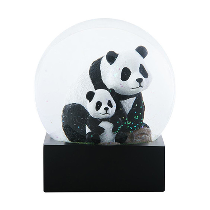 Classic Snow Globe Adult Panda with Baby Panda sitting in Water Globe Cubic Black Base