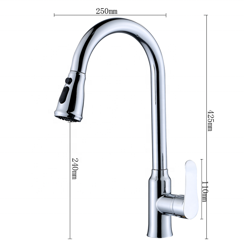 Brass Silver Kitchen Hot and Cold Water Faucet Pull-out Universal Telescopic Double Outlet Sink Draw-out Faucet Graphic Design