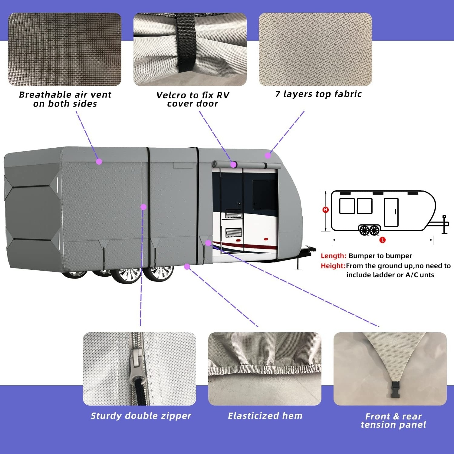 Windproof 7 Layers Top Camper Cover  for 14' to 16' RV with Tongue Jack Cover