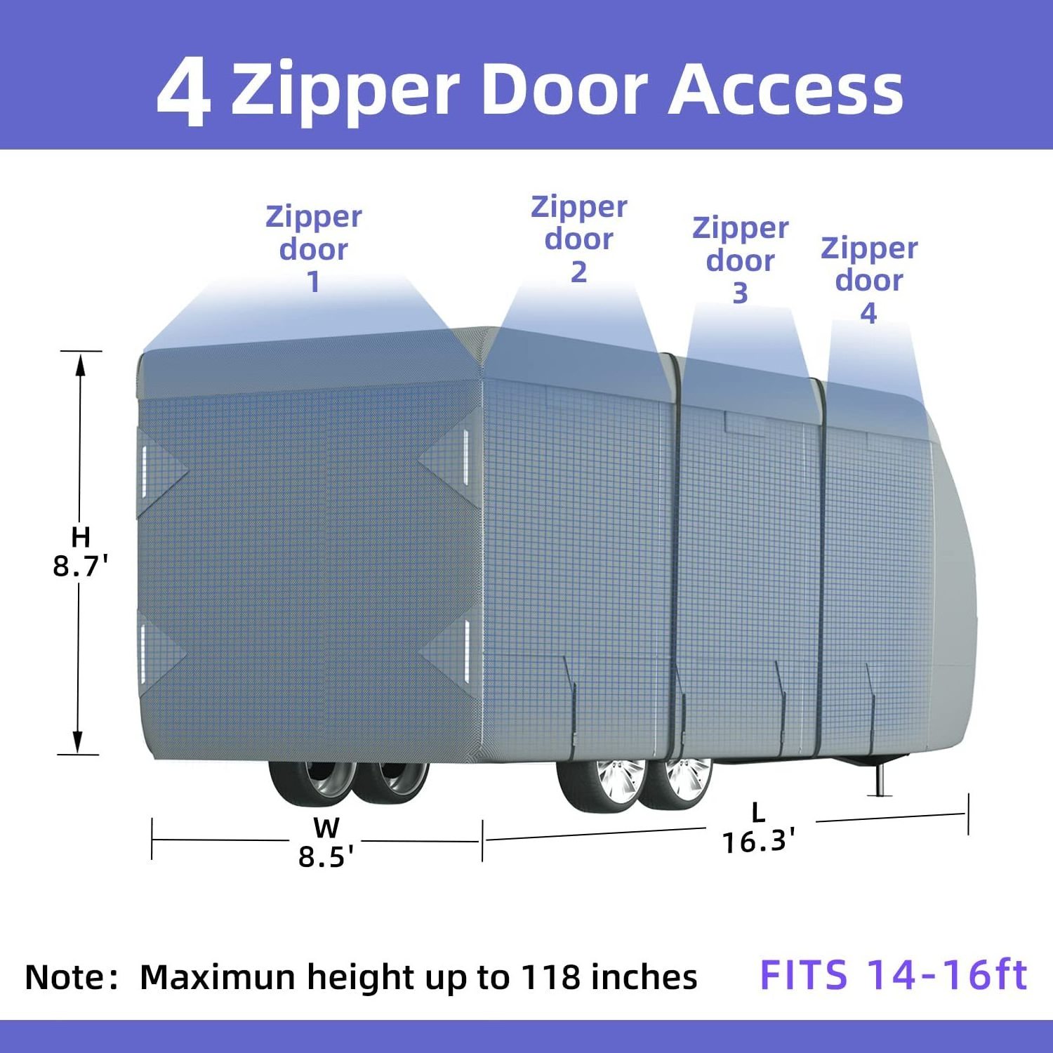 Windproof 7 Layers Top Camper Cover  for 14' to 16' RV with Tongue Jack Cover