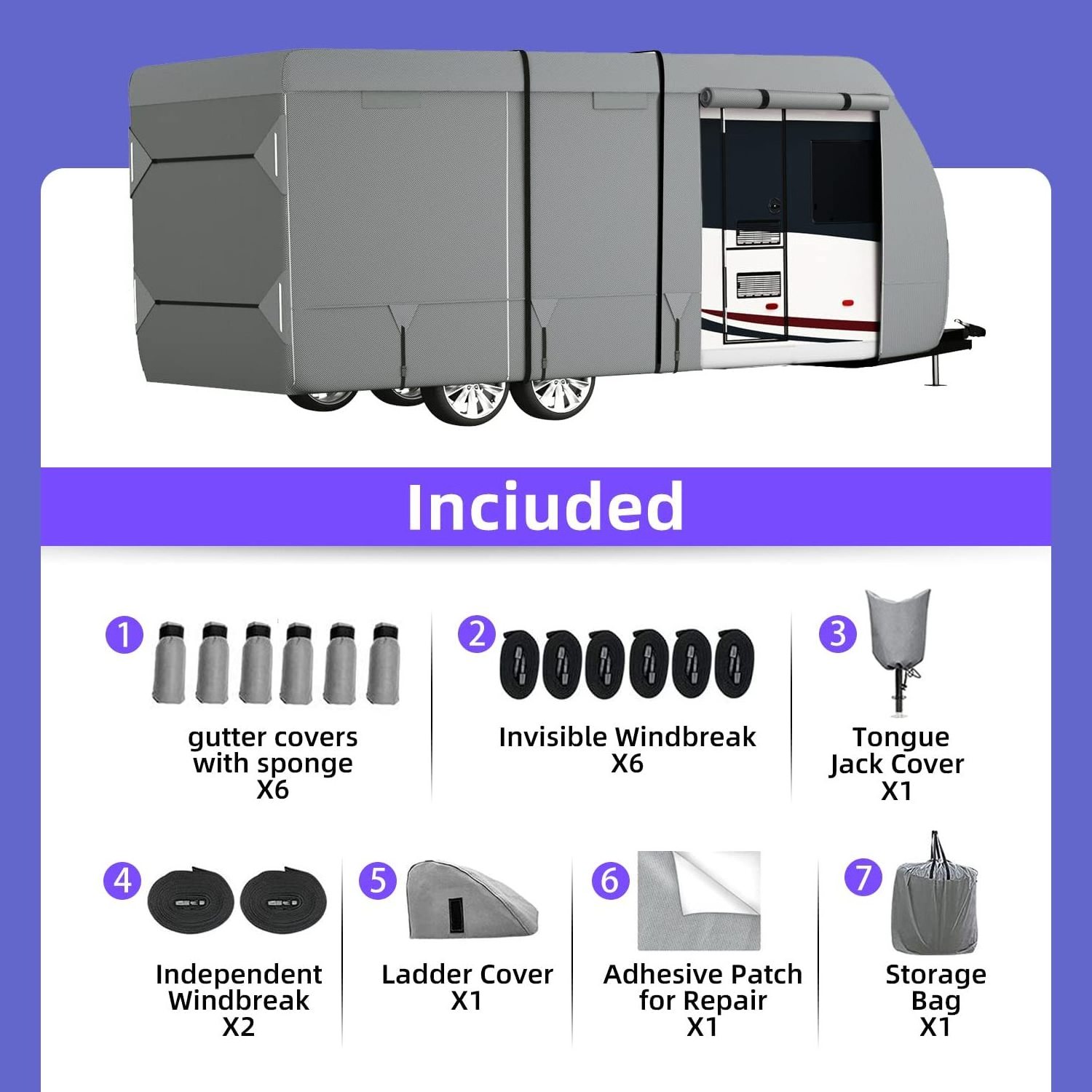 Windproof 7 Layers Top Camper Cover  for 14' to 16' RV with Tongue Jack Cover