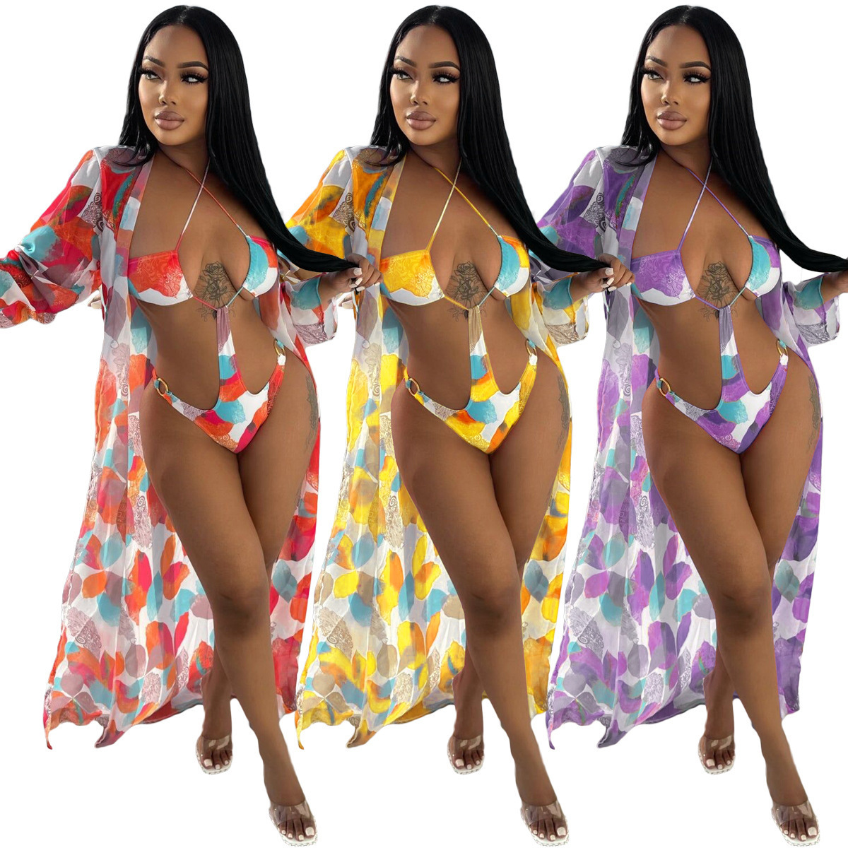 2022 New Bikini Latest cut out Design Beach Dress Women Two Piece Underwire Chiffon Swimwear Bathing Sexy Suits With Cover Up