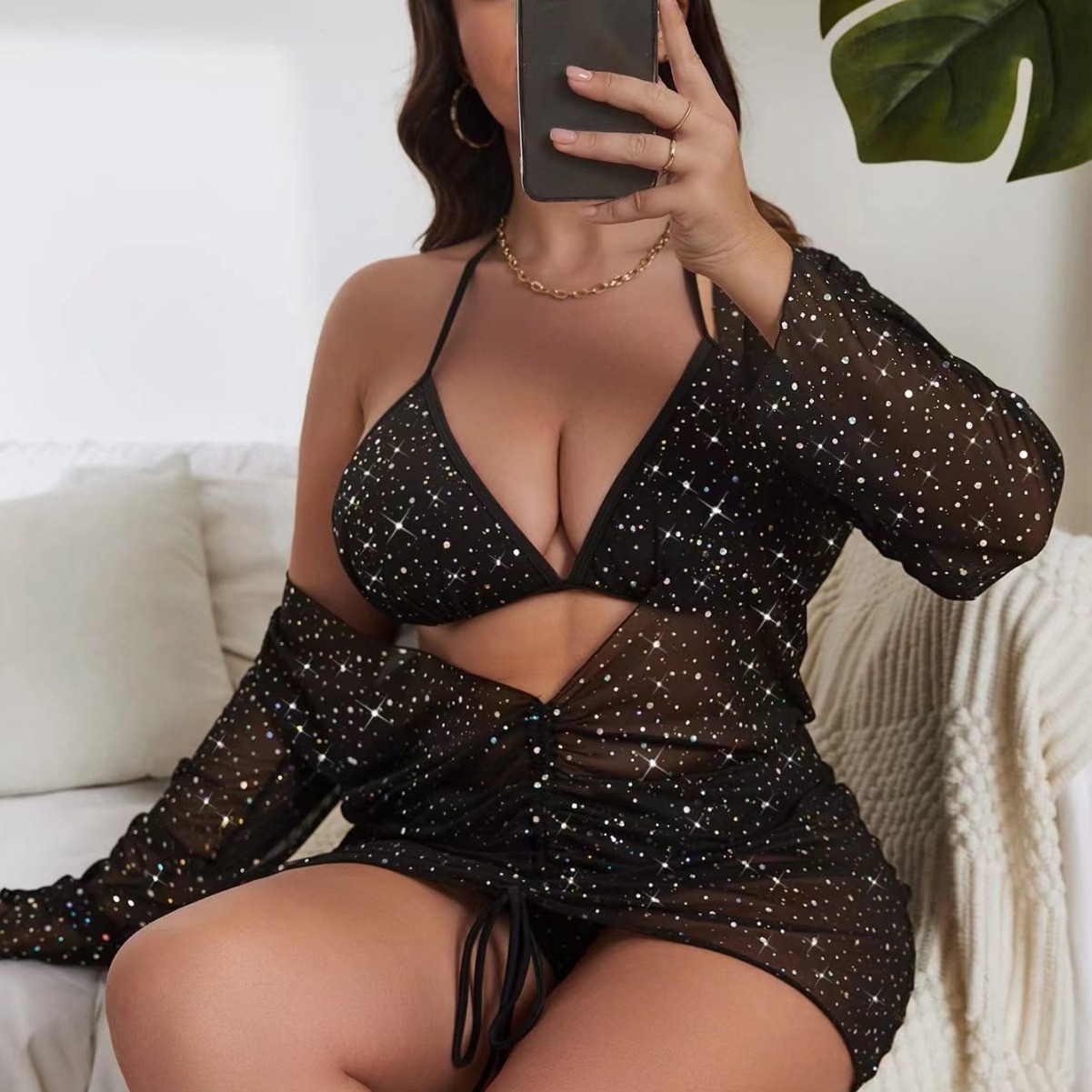 2024 designer swimsuit Women's Plus Size Three Piece Bikini Star Sequined Anti-straps Two piece Swimsuit