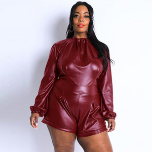 spring clothing New arrival plus size women clothing Long sleeved cutout zip-up short Halterneck plus size leather jumpsuit