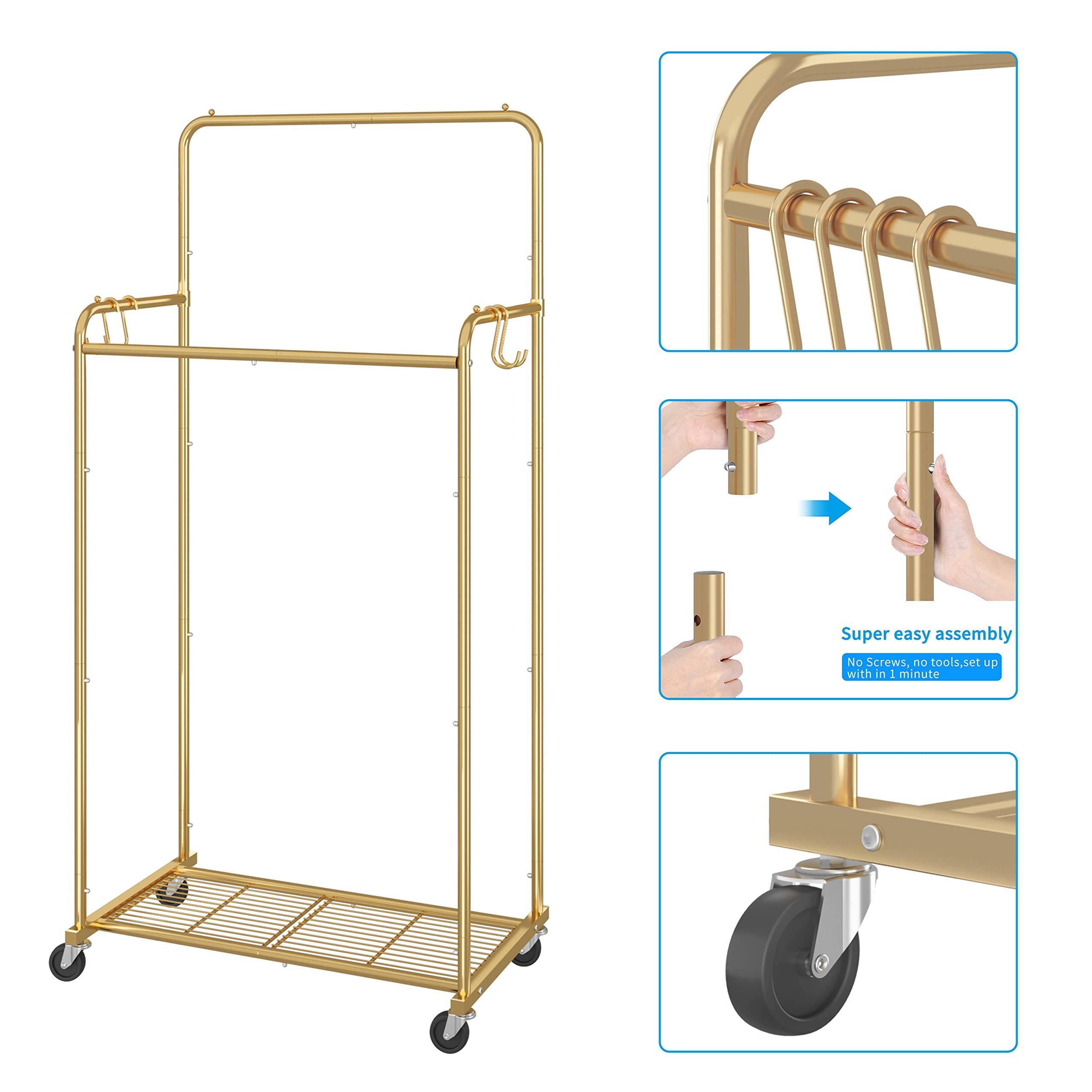 Heavy Duty Clothing Rolling Holder with 4 Hooks Multifunctional Garment Rack Double Rod Clothes Rack