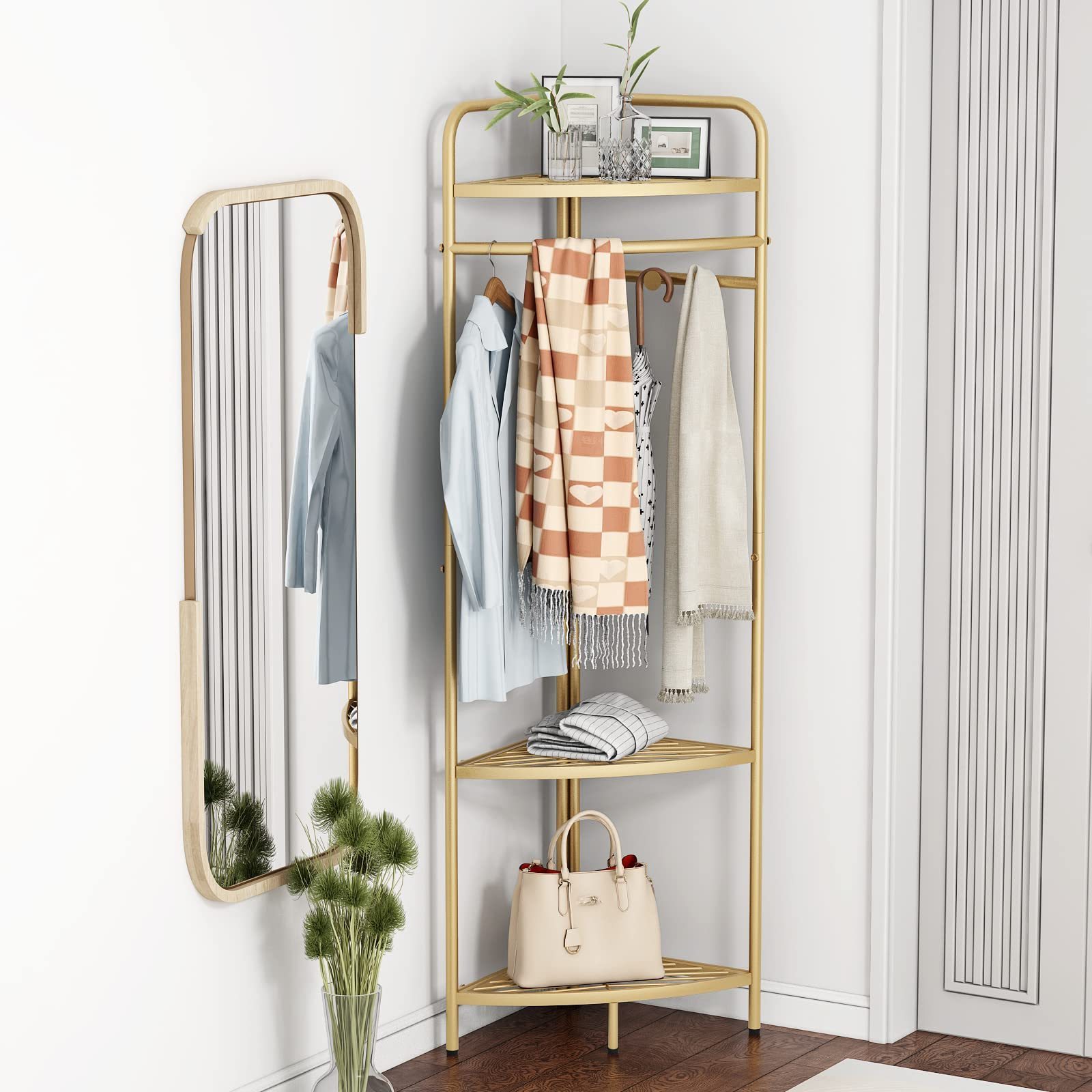 3 Tier Clothes Storage Shelves Freestanding Corner Clothing Racks Metal Coat Racks with Hooks