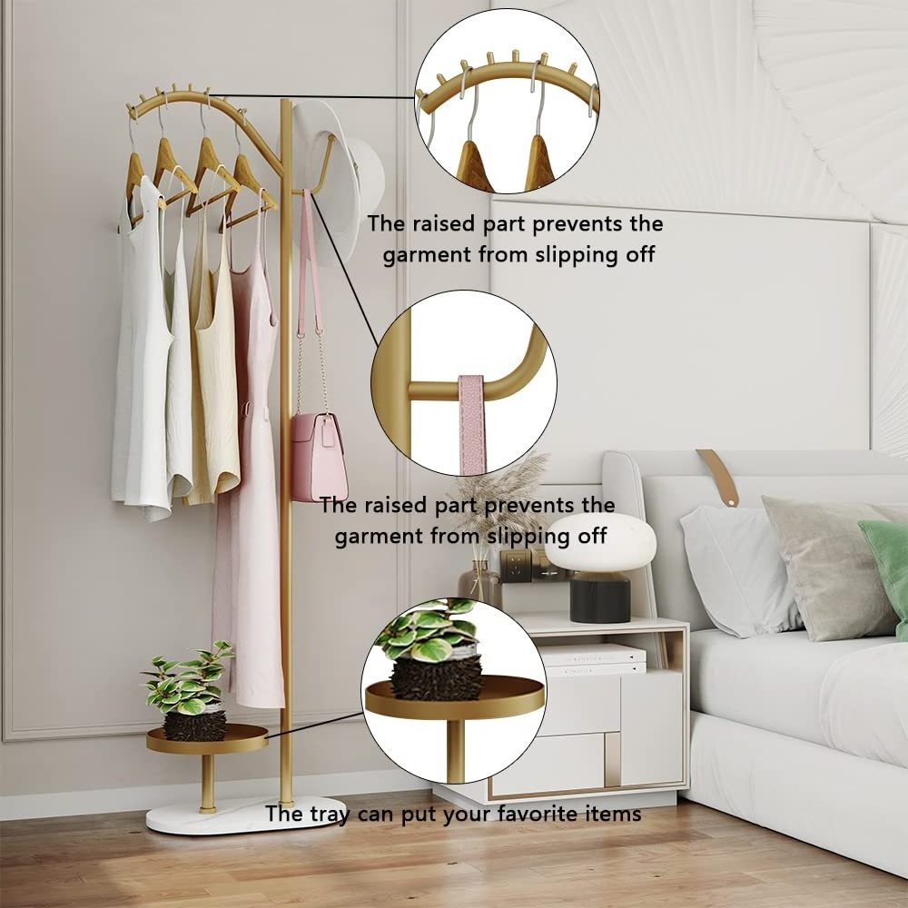 Freestanding Gold Small Coat Rack with Marble Base Metal Coat Hanger Modern Garment Rack with Hooks