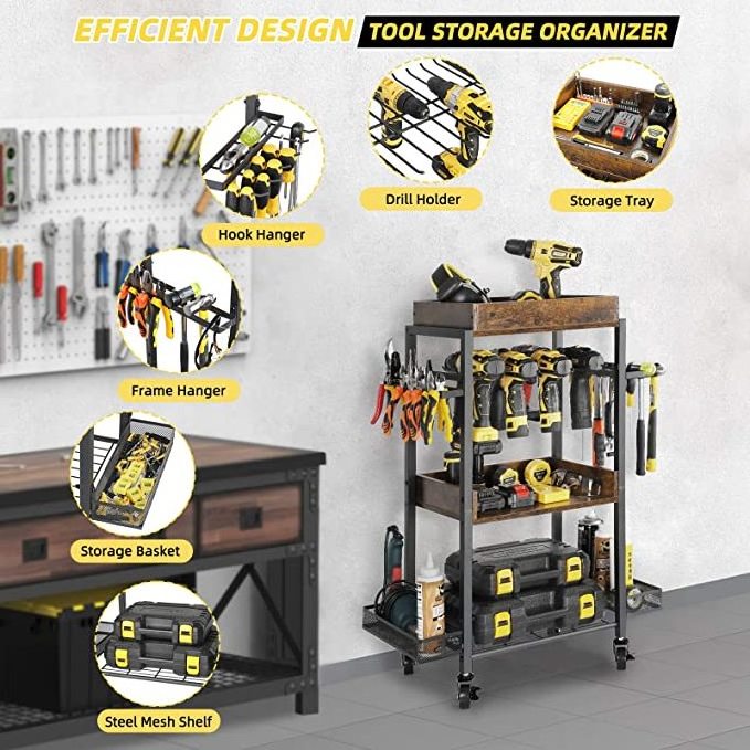 Power Tool Organizer Cart with Wheels 4 Layer Heavy Duty Metal Tool Rack Cordless Drill Holder Shelving for Workshop and Garage