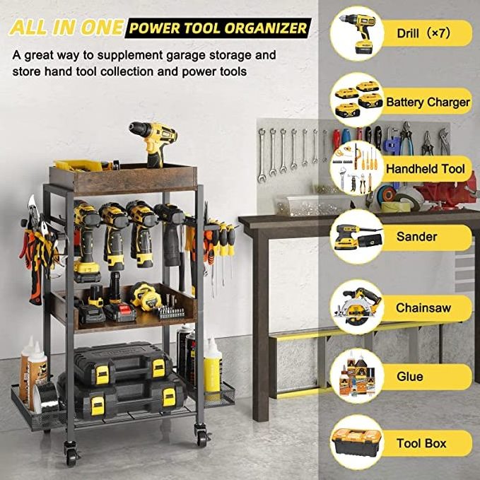 Power Tool Organizer Cart with Wheels 4 Layer Heavy Duty Metal Tool Rack Cordless Drill Holder Shelving for Workshop and Garage