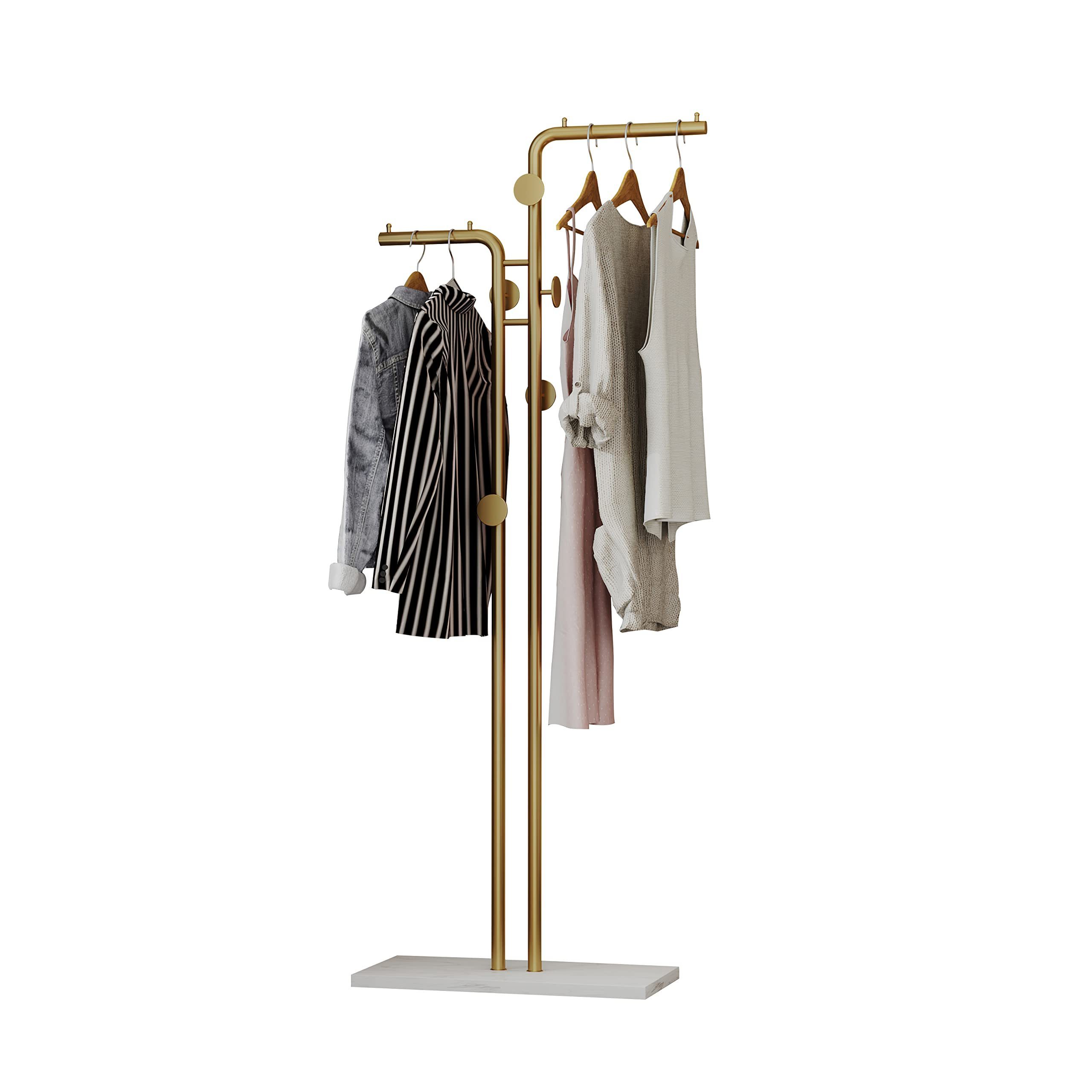 Metal Garment Rack with Marble Base and 5 Hooks Heavy Duty Clothing Rack Double-pole Coat Rack Freestanding