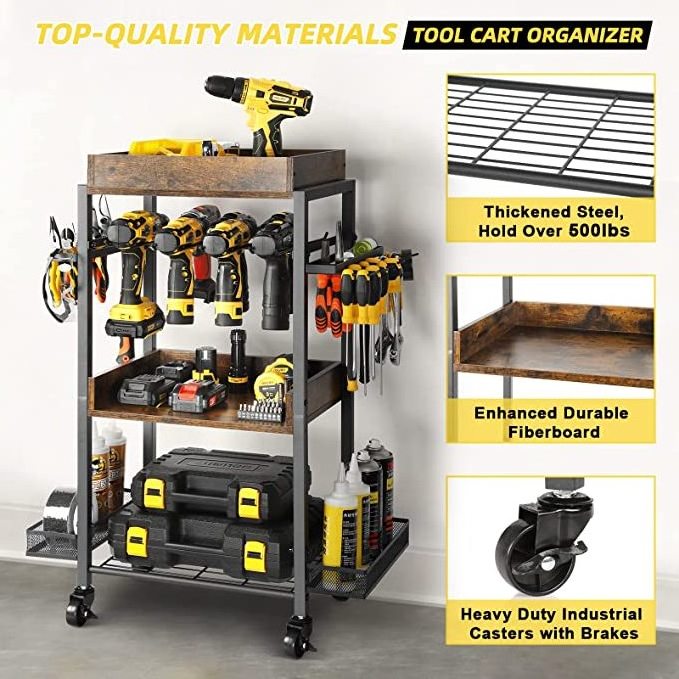 Power Tool Organizer Cart with Wheels 4 Layer Heavy Duty Metal Tool Rack Cordless Drill Holder Shelving for Workshop and Garage