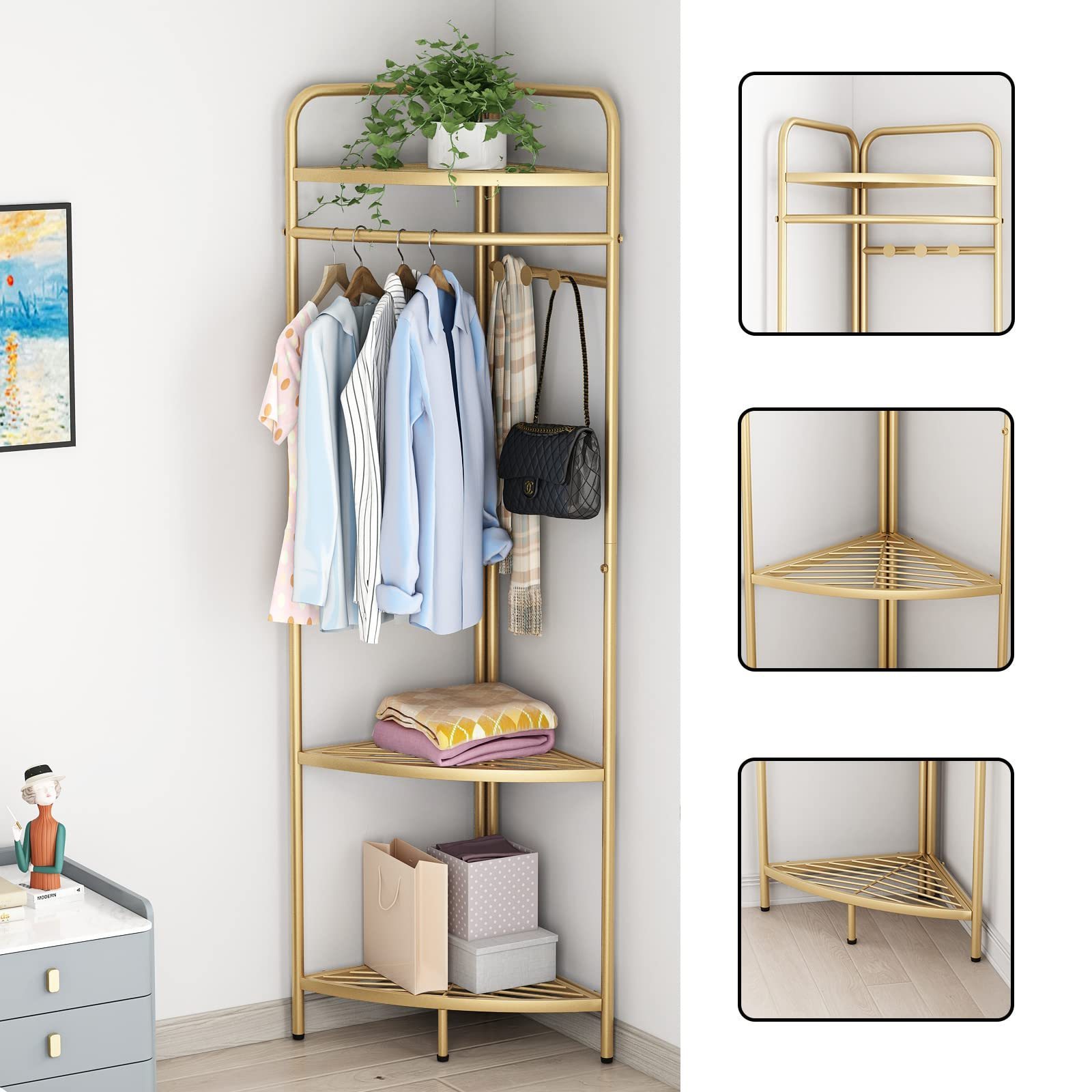 3 Tier Clothes Storage Shelves Freestanding Corner Clothing Racks Metal Coat Racks with Hooks