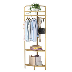 3 Tier Clothes Storage Shelves Freestanding Corner Clothing Racks Metal Coat Racks with Hooks