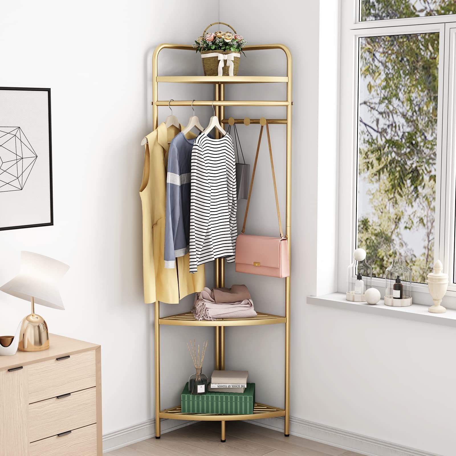 3 Tier Clothes Storage Shelves Freestanding Corner Clothing Racks Metal Coat Racks with Hooks