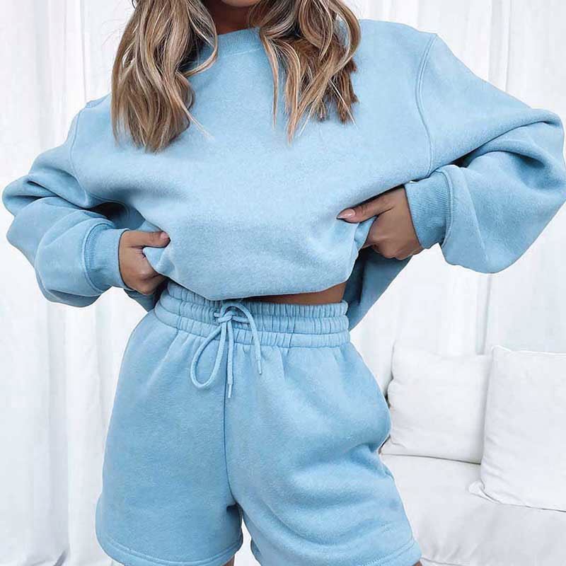 New arrival Solid O Neck Bodycon Long Sleeves Crop Sweater Shirt High Waits Mini Shorts 2 Pieces Set Autumn women clothing