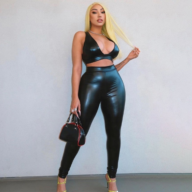 black pu leather deep v crop top and pants two piece set sexy club outfits for women matching set