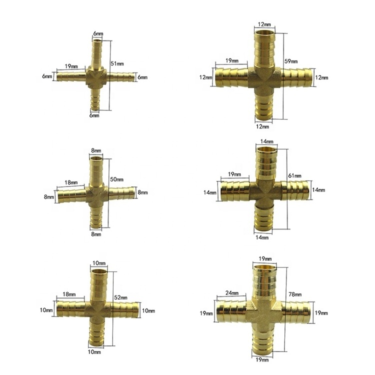 Brass Pipe Fittings Hose Barb 4 way connector For hose copper Pagoda Water Tube Fittings