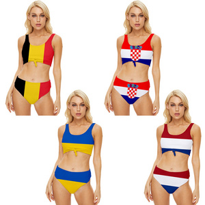 European Cup Trendy Print European and American New Sexy Open Back Split Swimsuit Women's Bikini Wholesale