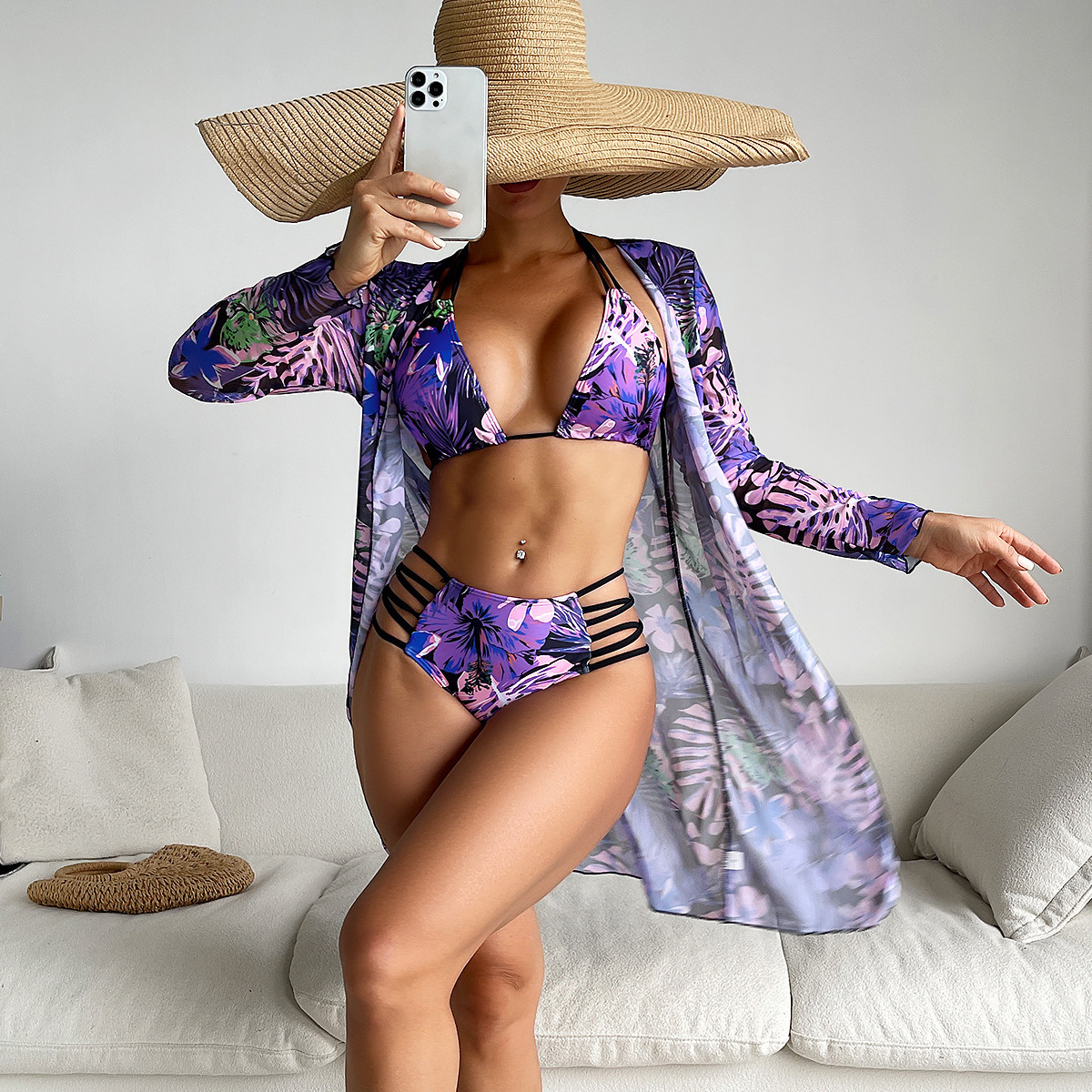 2024 New Popular Multicolor Printed Fashionable and Sexy Bikini Three Piece Women's Swimsuit