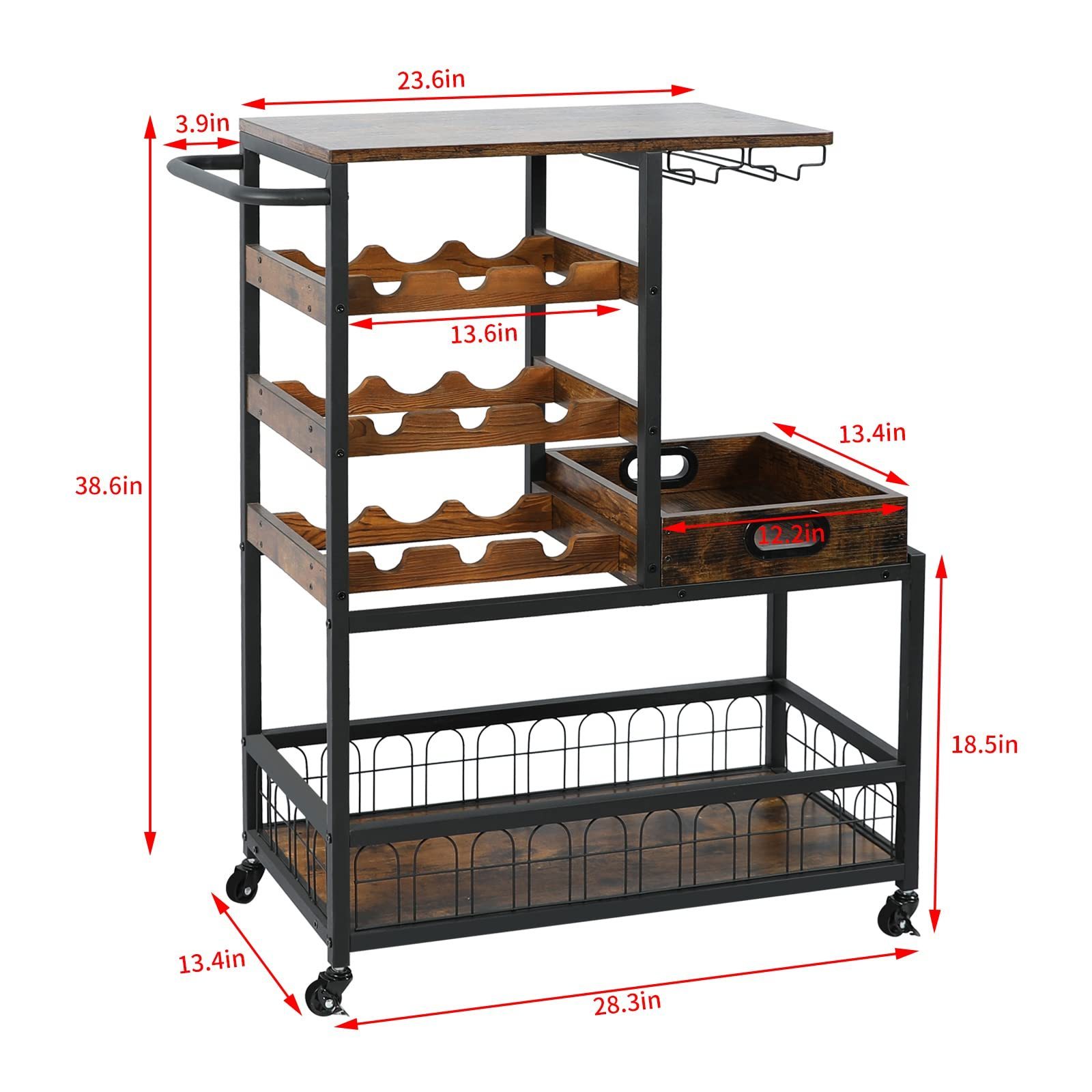 Suoernuo Removable Wood Tray Industrial Mobile Kitchen Serving Wine Cart Mobile Kitchen Serving Cart Wine Rack With Wheels