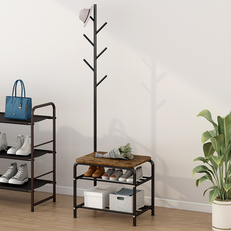 Custom Wooden Coat Rack Entryway Portable Tree Shape Coat Rack Stand With Shoe Storage Rack Bench