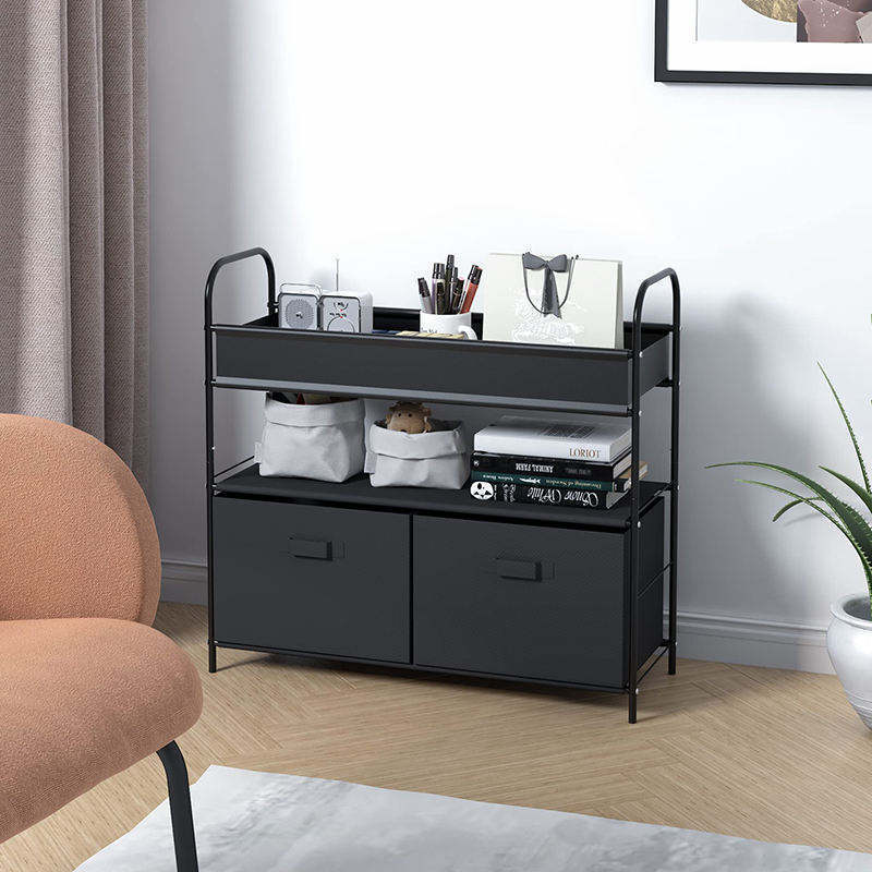 Wholesale Living Room Household 2 Layers Shelves Storage Rack Toy Storage Rack Grey Cube Storage Shelves With Fabric Drawer