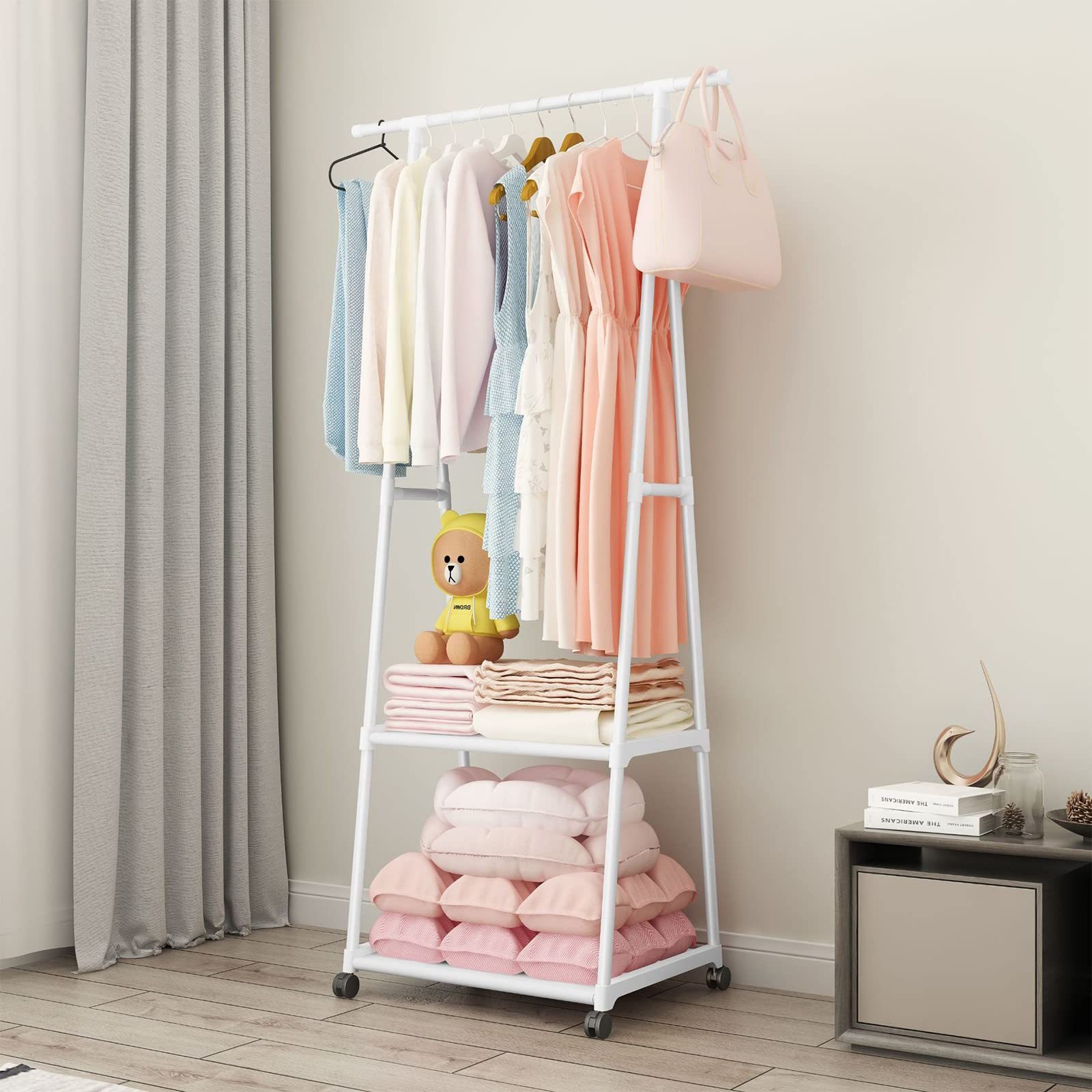 Entryway Bedroom Living Room Indoor Pipe Drying Clothes Rack White Metal Rolling Garment Coat Rack With Wheels