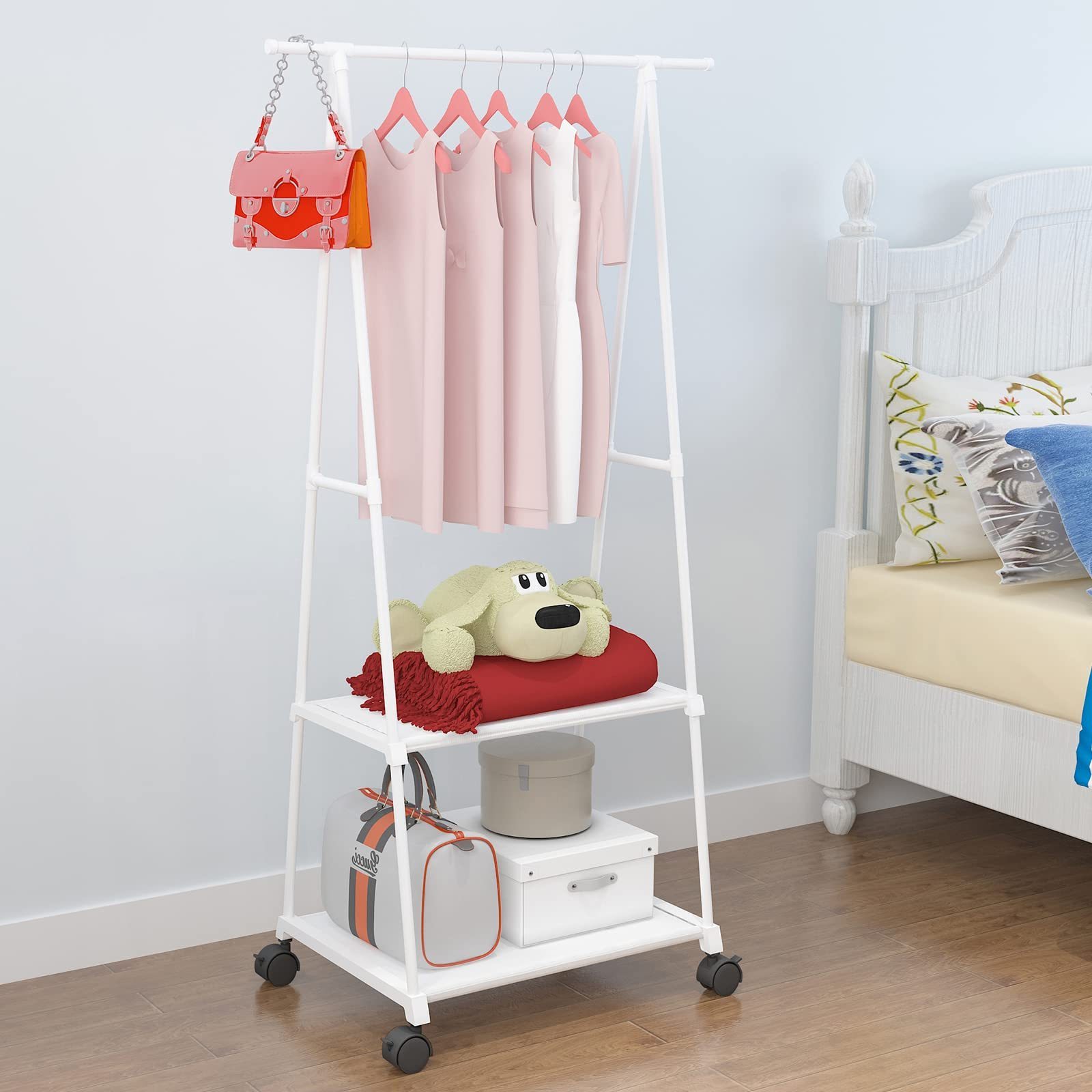 Entryway Bedroom Living Room Indoor Pipe Drying Clothes Rack White Metal Rolling Garment Coat Rack With Wheels