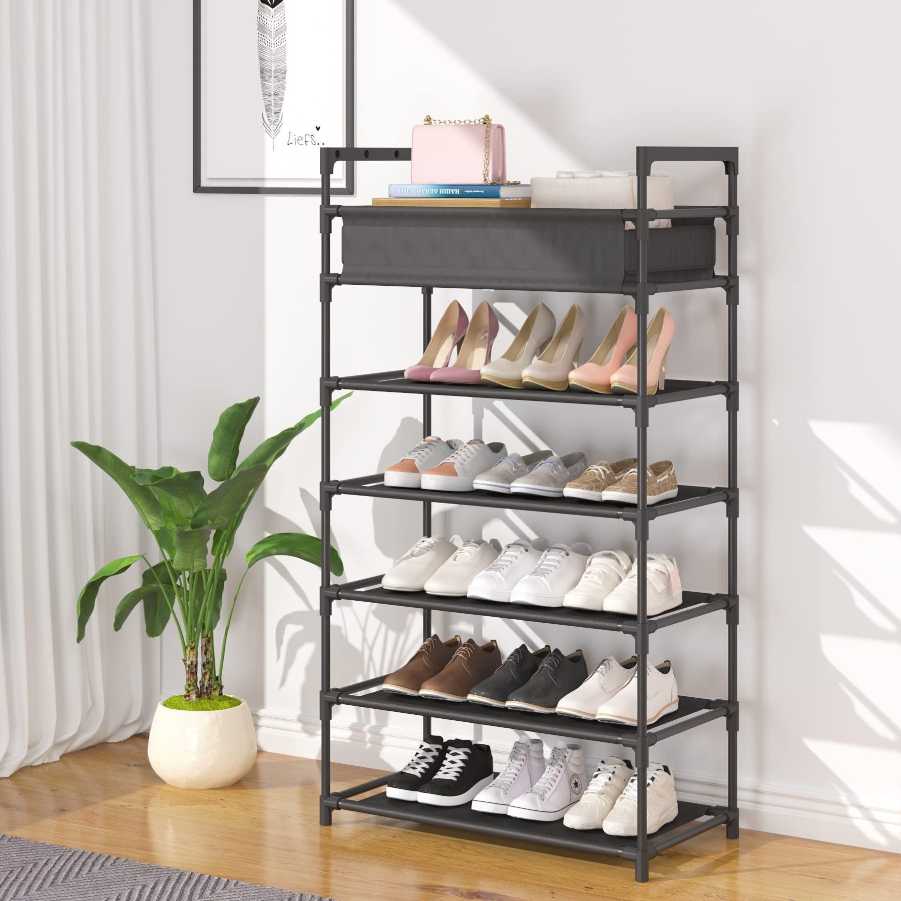 Wholesales Non-Woven Fabric Entryway Shoe Shelf Storage Organizer 6-Tier Stackable Freestanding Shoe Rack