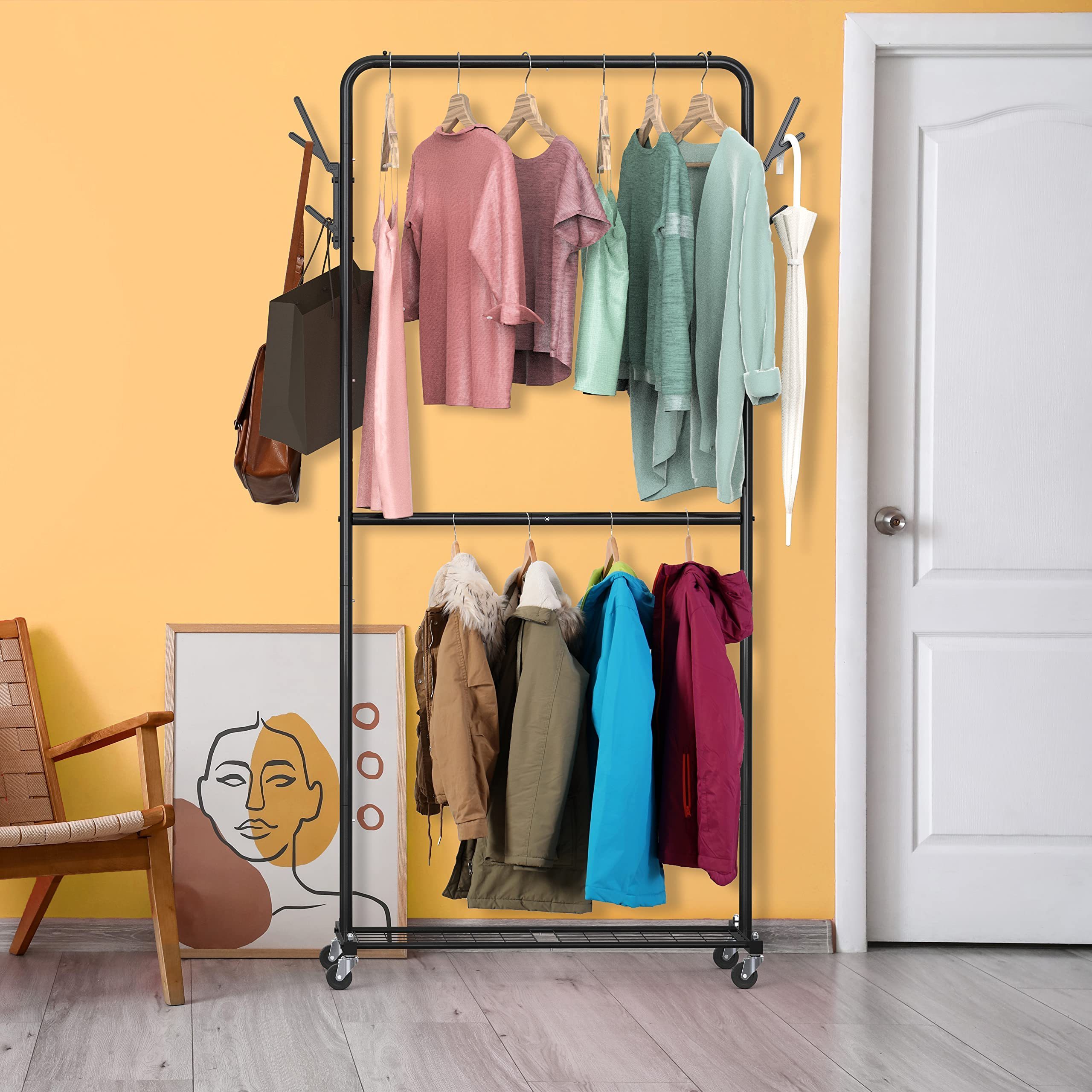 Wholesales Hot Sales Living Room Metal Double Rod Hooks Garment Coat Rack With Wheels