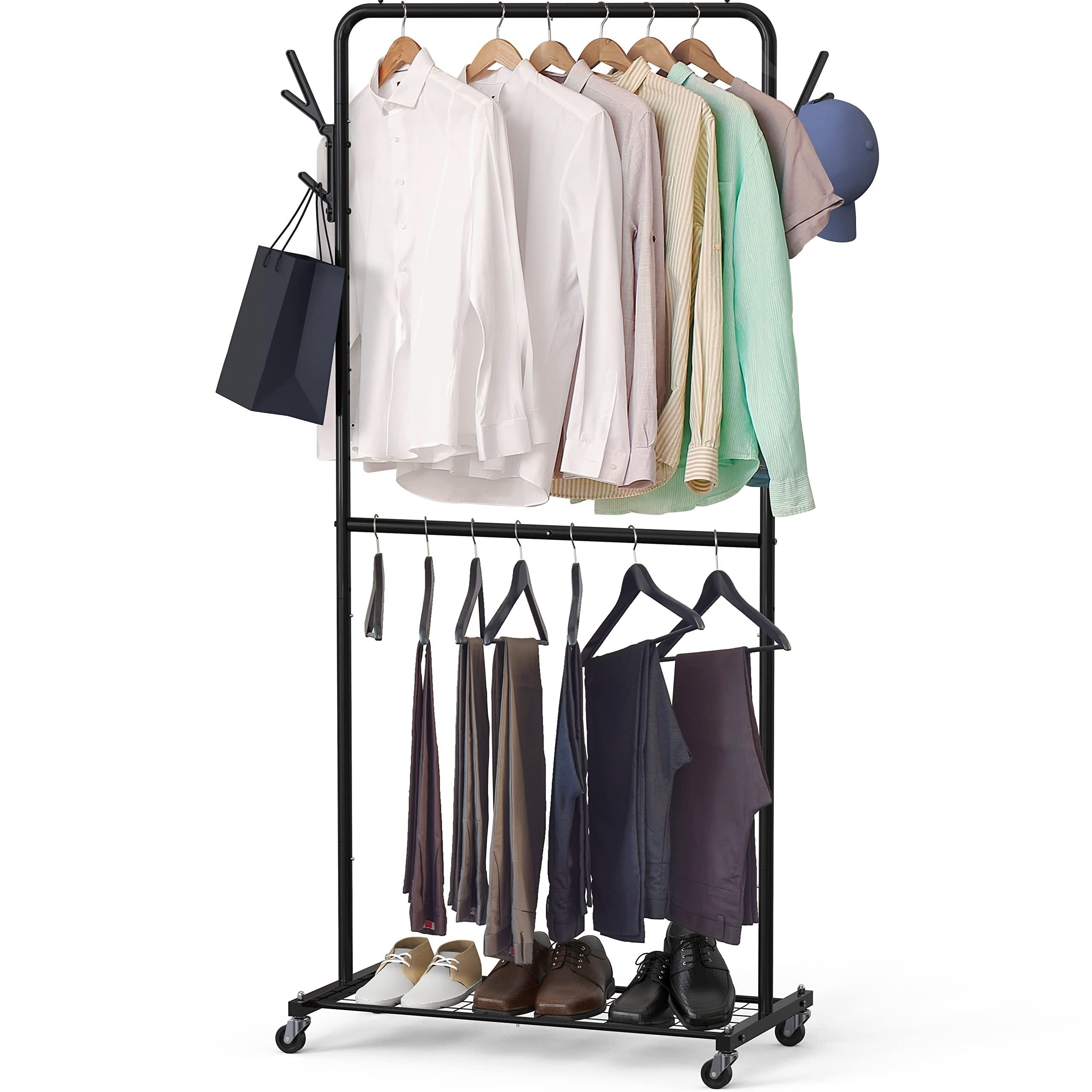 Wholesales Hot Sales Living Room Metal Double Rod Hooks Garment Coat Rack With Wheels