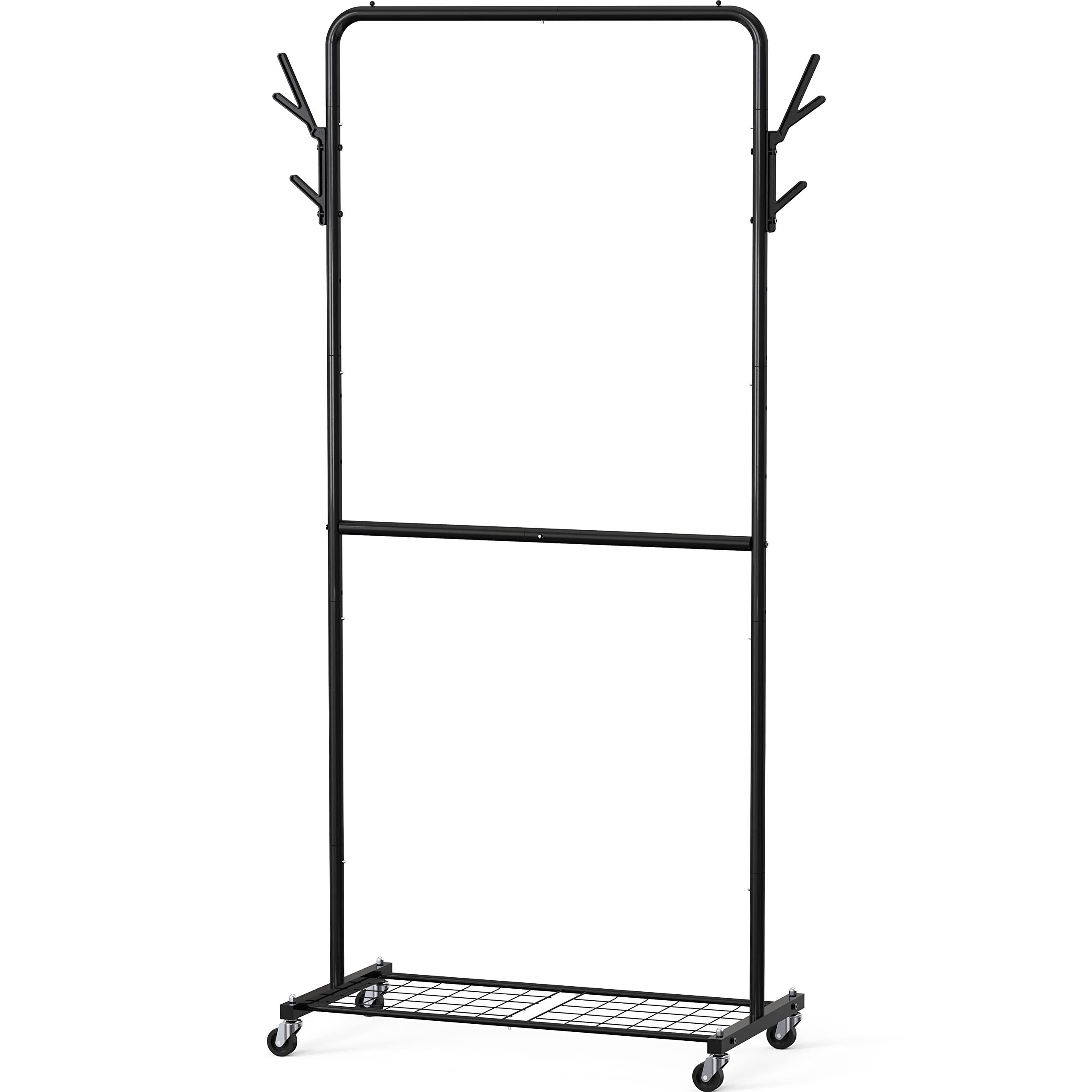 Wholesales Hot Sales Living Room Metal Double Rod Hooks Garment Coat Rack With Wheels