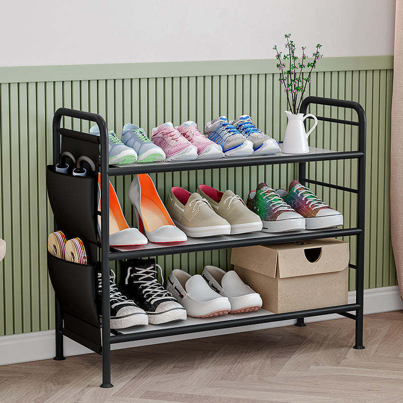 Suoernuo Household Black Shoe Rack Stand Entryway Metal Shoe Rack Organizer With Side Storage Pockets