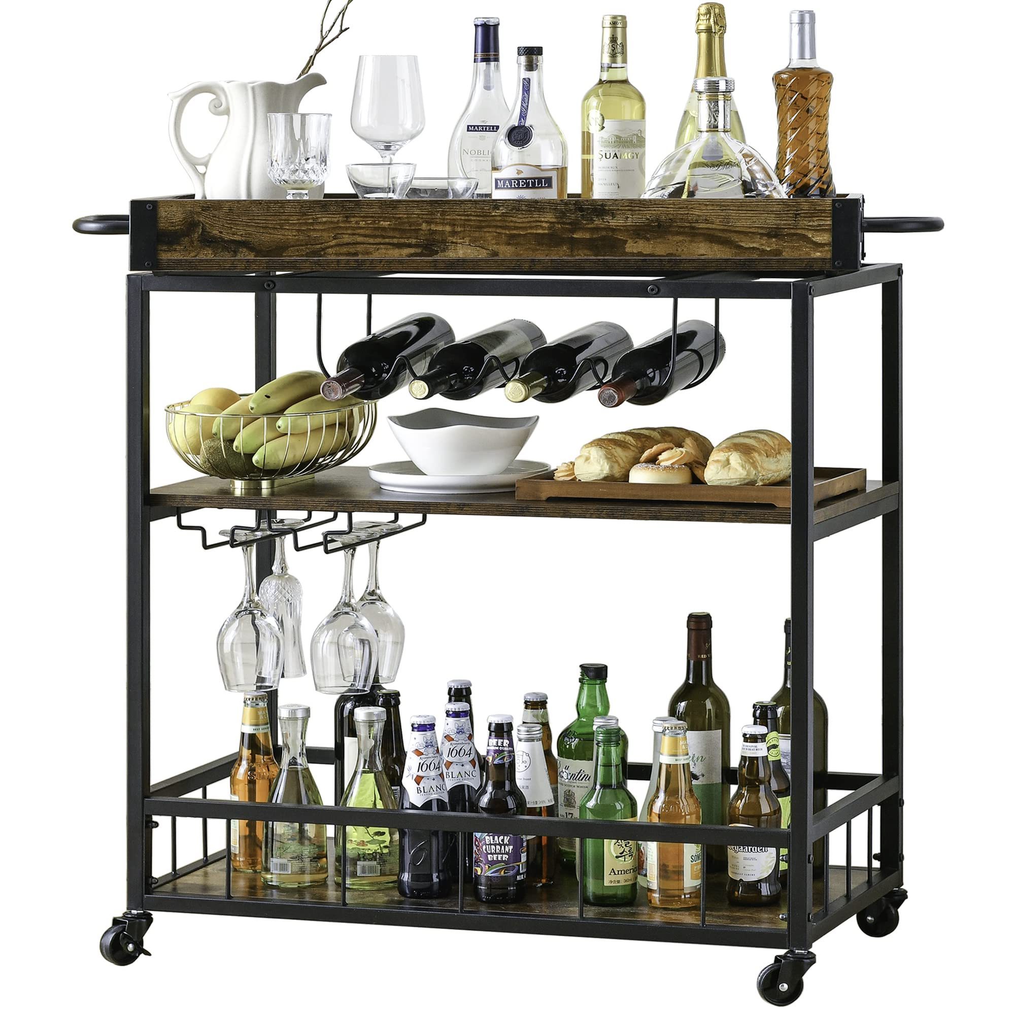 Suoernuo Outdoor Living Kitchen Wine Rack and Glass Holder Mini Home Bar Bar Carts With Wheels