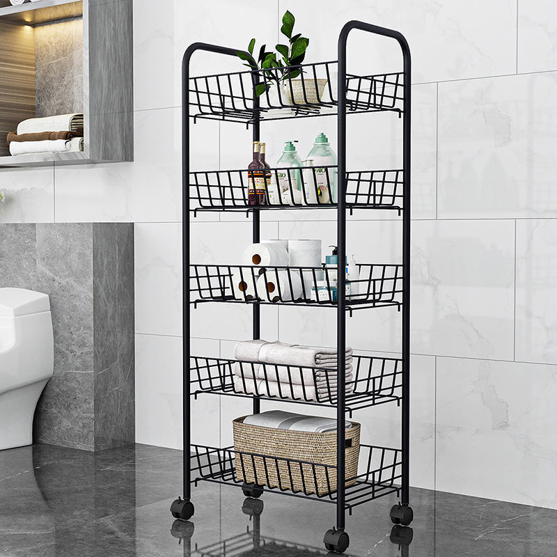 Multifunctional Kitchen Black Shelf Bathroom Narrow Rolling Storage Rack Living Room Metal Wrought Iron Shelf