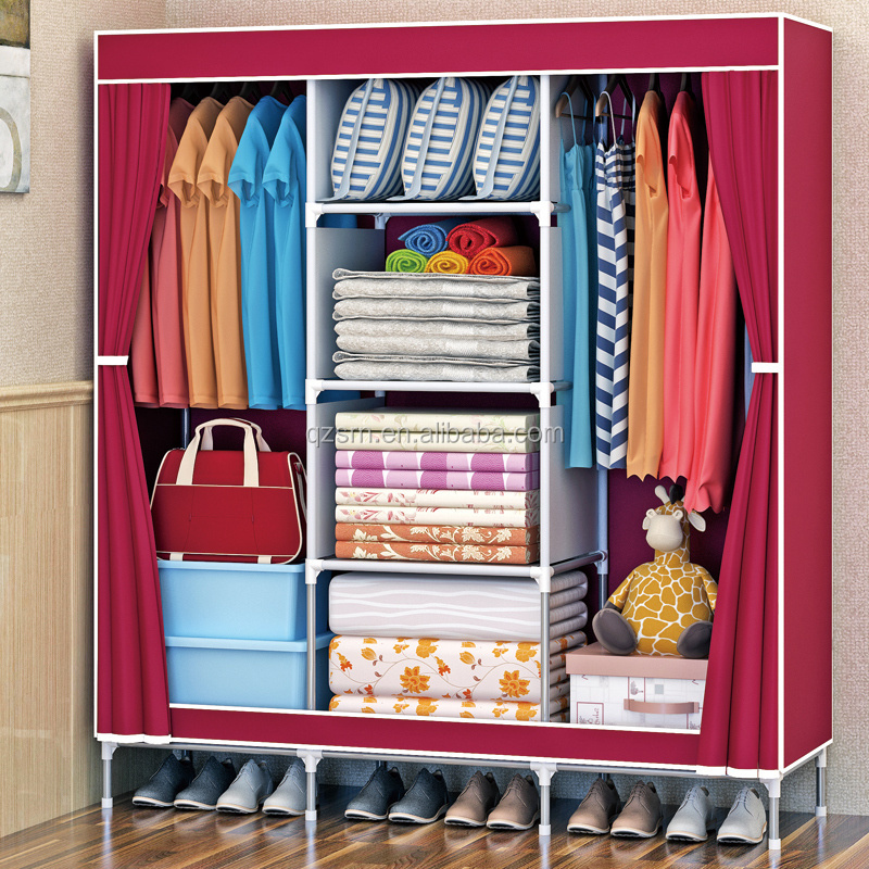 armoire storage organizer with curtain doors 4 cubes+2 hanging sections large space combination wardrobe standing closet