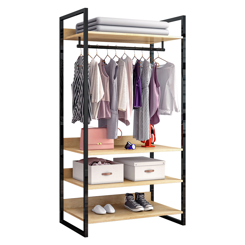 Customized bedroom metal standing clothes hanger entryway wooden coat rack with shoe rack