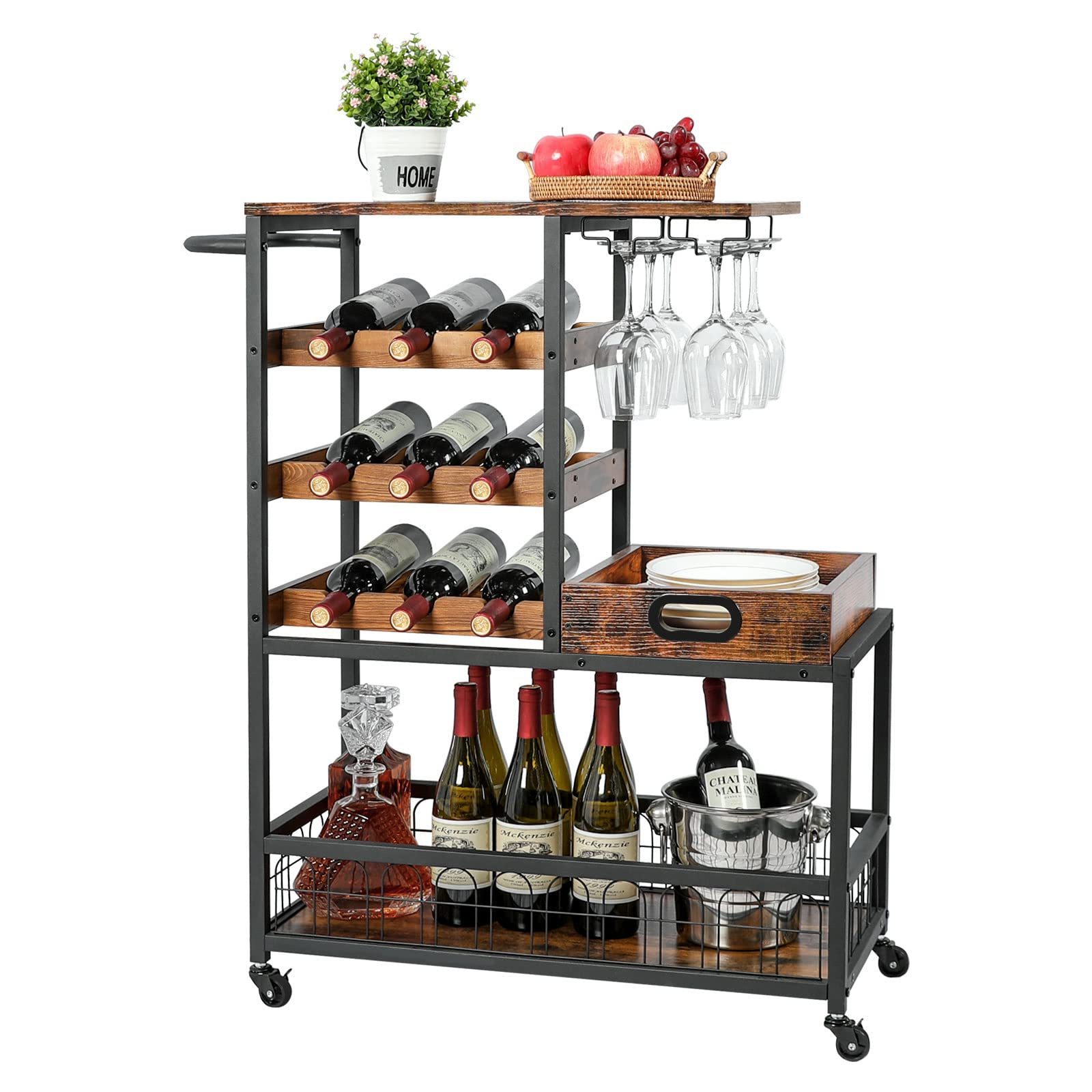 Suoernuo Removable Wood Tray Industrial Mobile Kitchen Serving Wine Cart Mobile Kitchen Serving Cart Wine Rack With Wheels