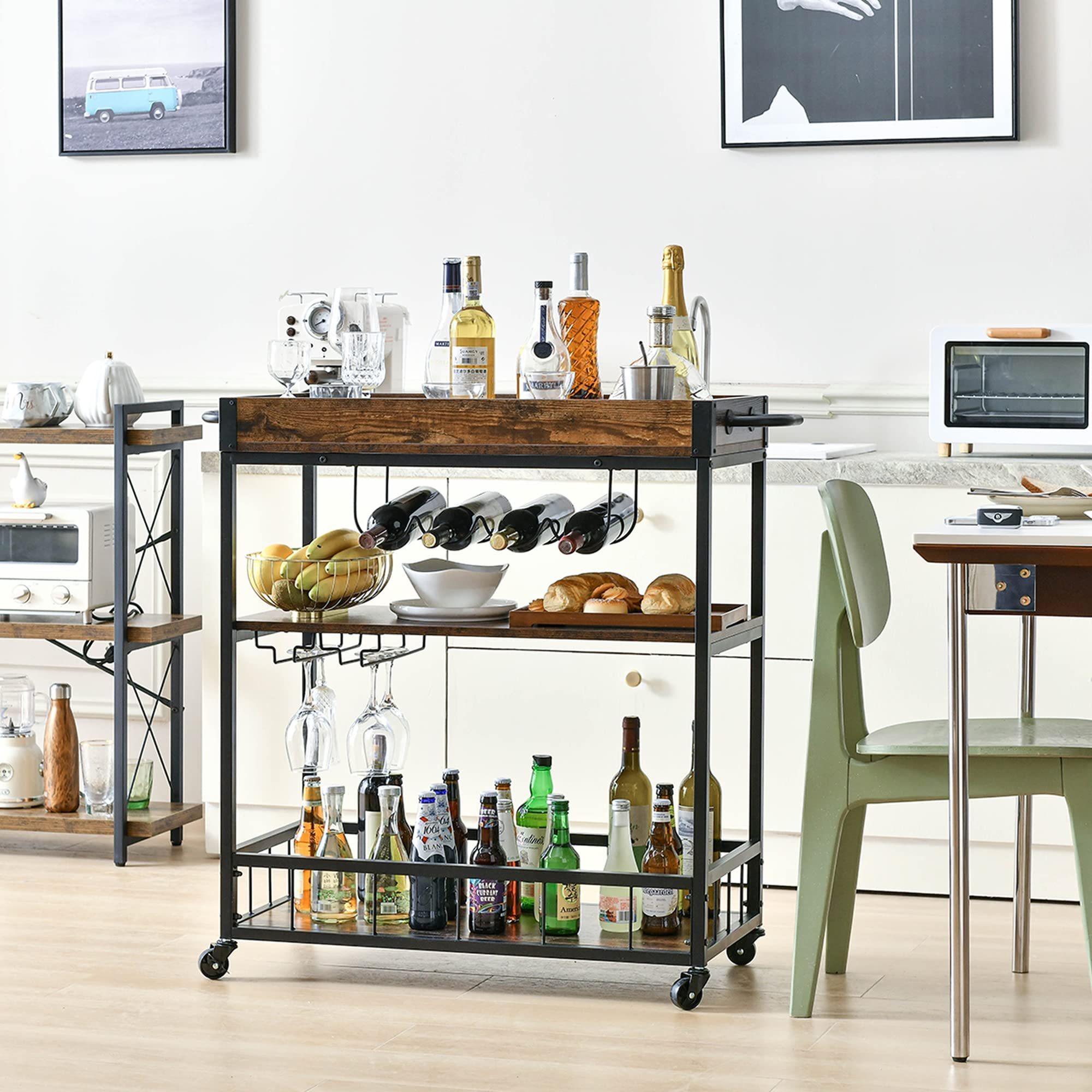 Suoernuo Outdoor Living Kitchen Wine Rack and Glass Holder Mini Home Bar Bar Carts With Wheels