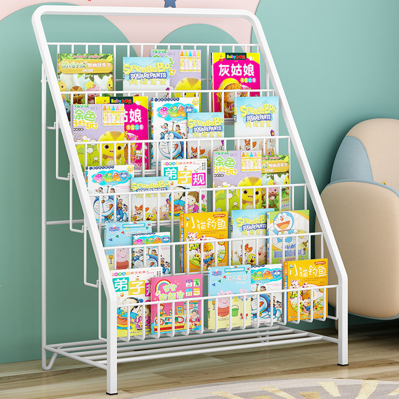 Custom metal 5 tier storage rack iron wire storage rack children's magazine book storage shelf bookcase