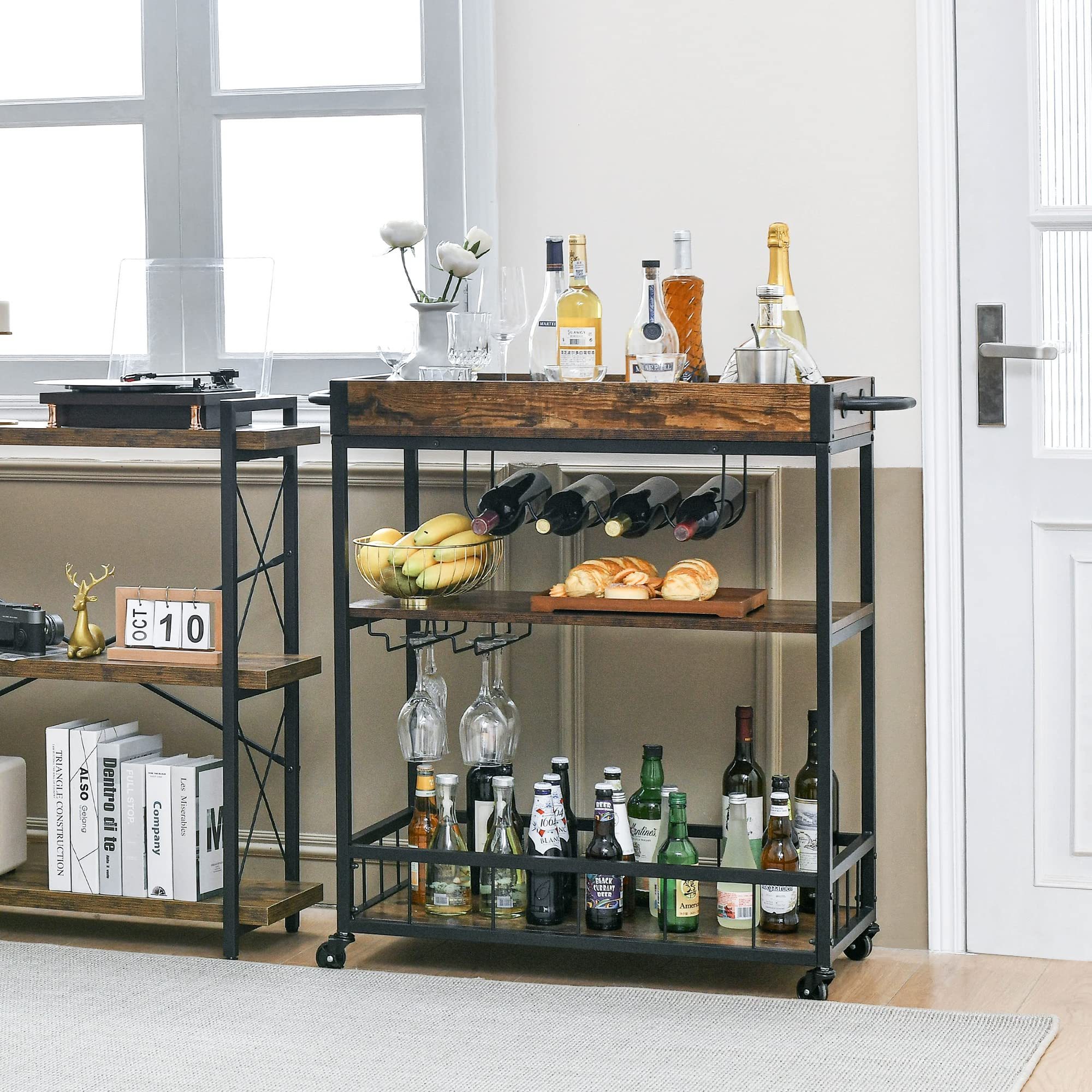 Suoernuo Outdoor Living Kitchen Wine Rack and Glass Holder Mini Home Bar Bar Carts With Wheels