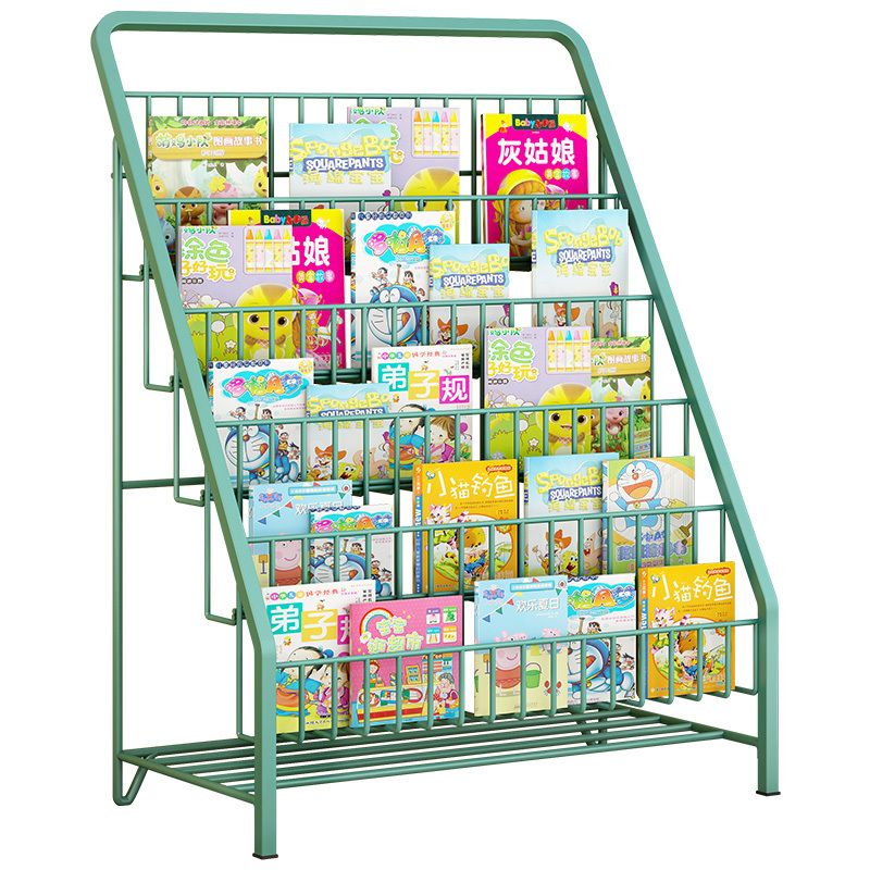 Custom metal 5 tier storage rack iron wire storage rack children's magazine book storage shelf bookcase