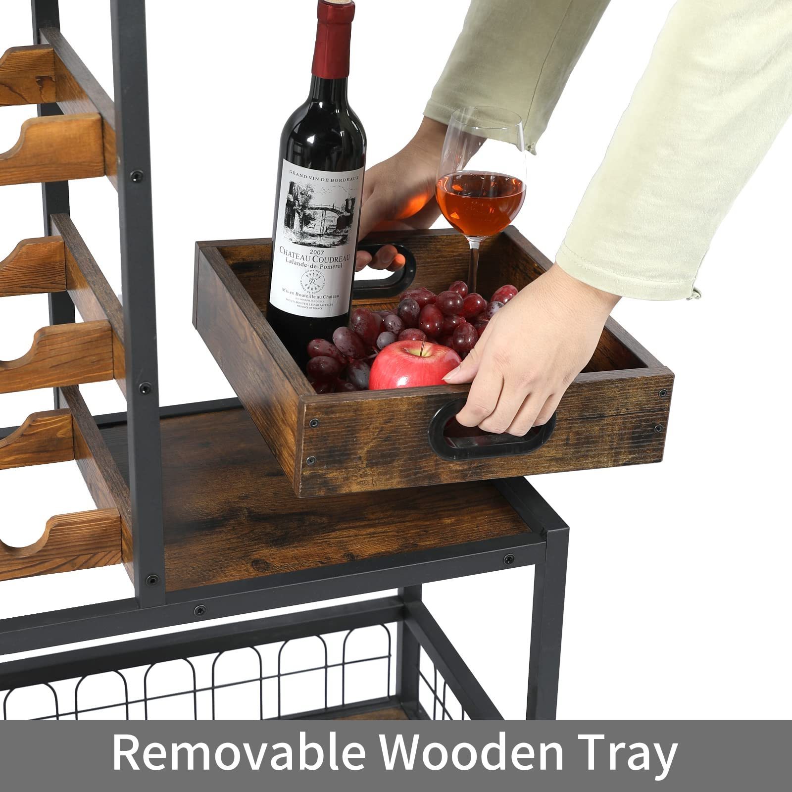 Suoernuo Removable Wood Tray Industrial Mobile Kitchen Serving Wine Cart Mobile Kitchen Serving Cart Wine Rack With Wheels