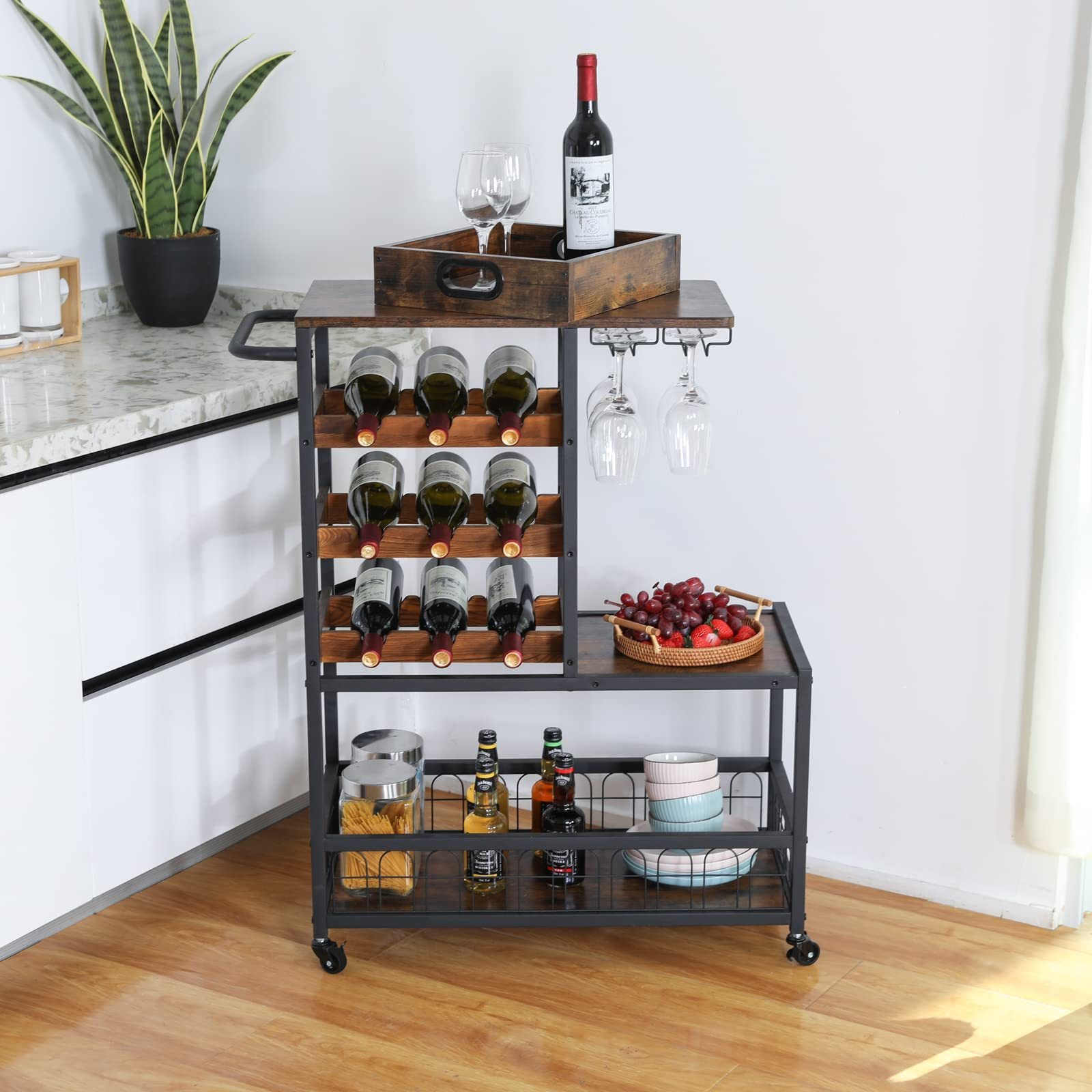 Suoernuo Removable Wood Tray Industrial Mobile Kitchen Serving Wine Cart Mobile Kitchen Serving Cart Wine Rack With Wheels