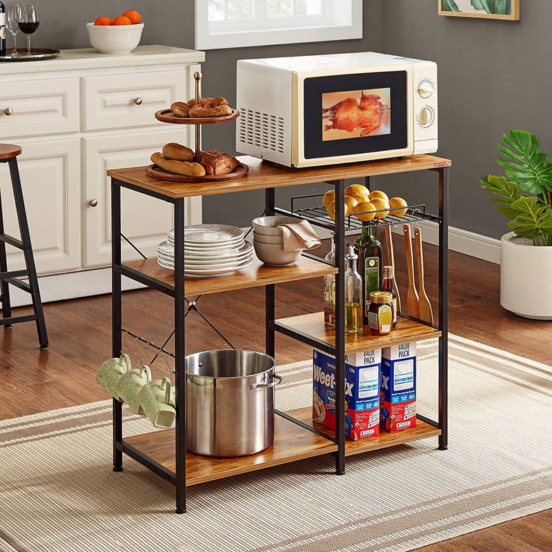 new arrivals metal frame 4-layer push-pull storage basket wooden shelf bakers rack dish storage rack